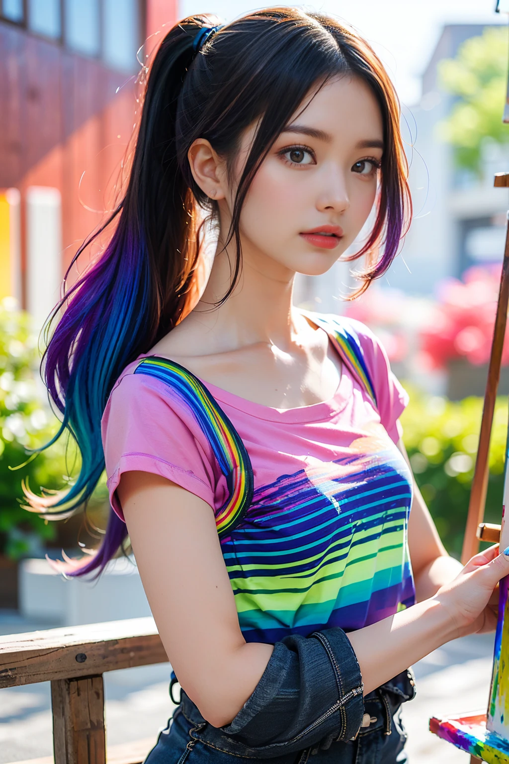 (pink fashion T-shirt: 1.9), (colorful hair: 1.8), (all the colors of the rainbow: 1.8), ((portrait: 1.6)), (painting: 1.6), front, comic strip, awareness raising, painting, big eyes, transparent, (rainbow gradient high ponytail: 1.7), delicate makeup, mouth closed, (small fresh: 1.5), (bandeau: 1.6), long eyelashes, white shoulder T-shirt, white shoulder shirt, looking at the viewer, teary eyes, (rainbow hair: 1.6), color splash, (solo: 1.8), color splash, color explosion, color splash, color explosion, thick lacquer style, messy lines, (shining) , (colorful), (colorful), (colorful), colorful, thick paint style, (splash) (color splash), vertical painting, upper body, paint splash, acrylic pigment, slope, paint, highest quality, highest quality, masterpiece, alone, Depth of writing boundary, face paint, colorful clothes, (elegance: 1.2), gorgeous, long white hair, wind, (elegance: 1.3), (petals: 1.4), (((masterpiece))),((((best quality is best))),((super detailed)),(raising awareness),(dynamic angle),((floating king)),(paintwork),((hair loss)),(one person),(one girl), (( (detailed anima face))),((detailed face)),first round, exposed bare shoulders, white hair,((hair color)),((striped hair)),beautiful fine details,no cleavage,(slope colored eyes),(( (colored eyes))),(( (colored background))),(( (high saturation))),(( (surrounded by colorful splashes))).