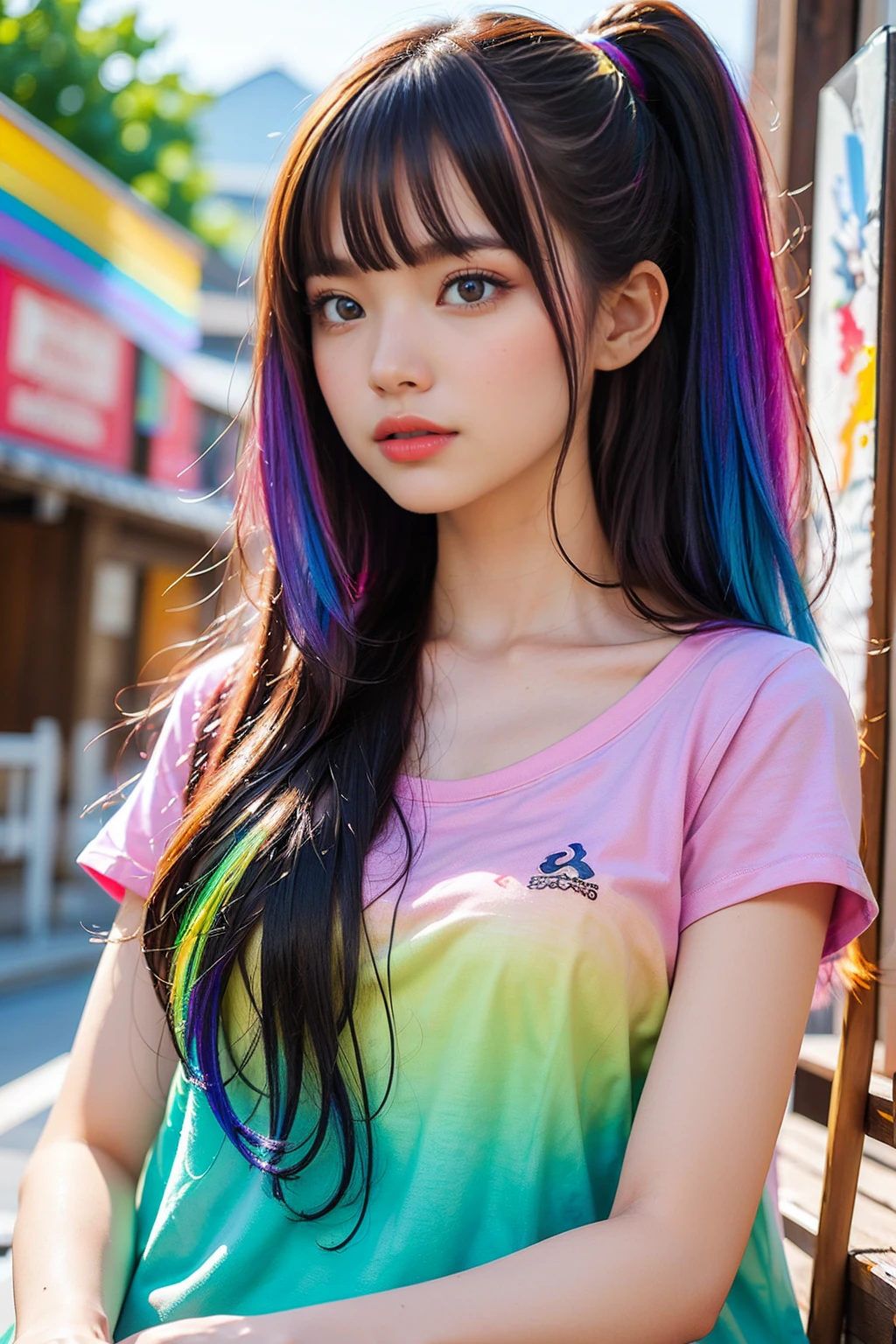 (pink fashion T-shirt: 1.9), (colorful hair: 1.8), (all the colors of the rainbow: 1.8), ((portrait: 1.6)), (painting: 1.6), front, comic strip, awareness raising, painting, big eyes, transparent, (rainbow gradient high ponytail: 1.7), delicate makeup, mouth closed, (small fresh: 1.5), (bandeau: 1.6), long eyelashes, white shoulder T-shirt, white shoulder shirt, looking at the viewer, teary eyes, (rainbow hair: 1.6), color splash, (solo: 1.8), color splash, color explosion, color splash, color explosion, thick lacquer style, messy lines, (shining) , (colorful), (colorful), (colorful), colorful, thick paint style, (splash) (color splash), vertical painting, upper body, paint splash, acrylic pigment, slope, paint, highest quality, highest quality, masterpiece, alone, Depth of writing boundary, face paint, colorful clothes, (elegance: 1.2), gorgeous, long white hair, wind, (elegance: 1.3), (petals: 1.4), (((masterpiece))),((((best quality is best))),((super detailed)),(raising awareness),(dynamic angle),((floating king)),(paintwork),((hair loss)),(one person),(one girl), (( (detailed anima face))),((detailed face)),first round, exposed bare shoulders, white hair,((hair color)),((striped hair)),beautiful fine details,no cleavage,(slope colored eyes),(( (colored eyes))),(( (colored background))),(( (high saturation))),(( (surrounded by colorful splashes))).