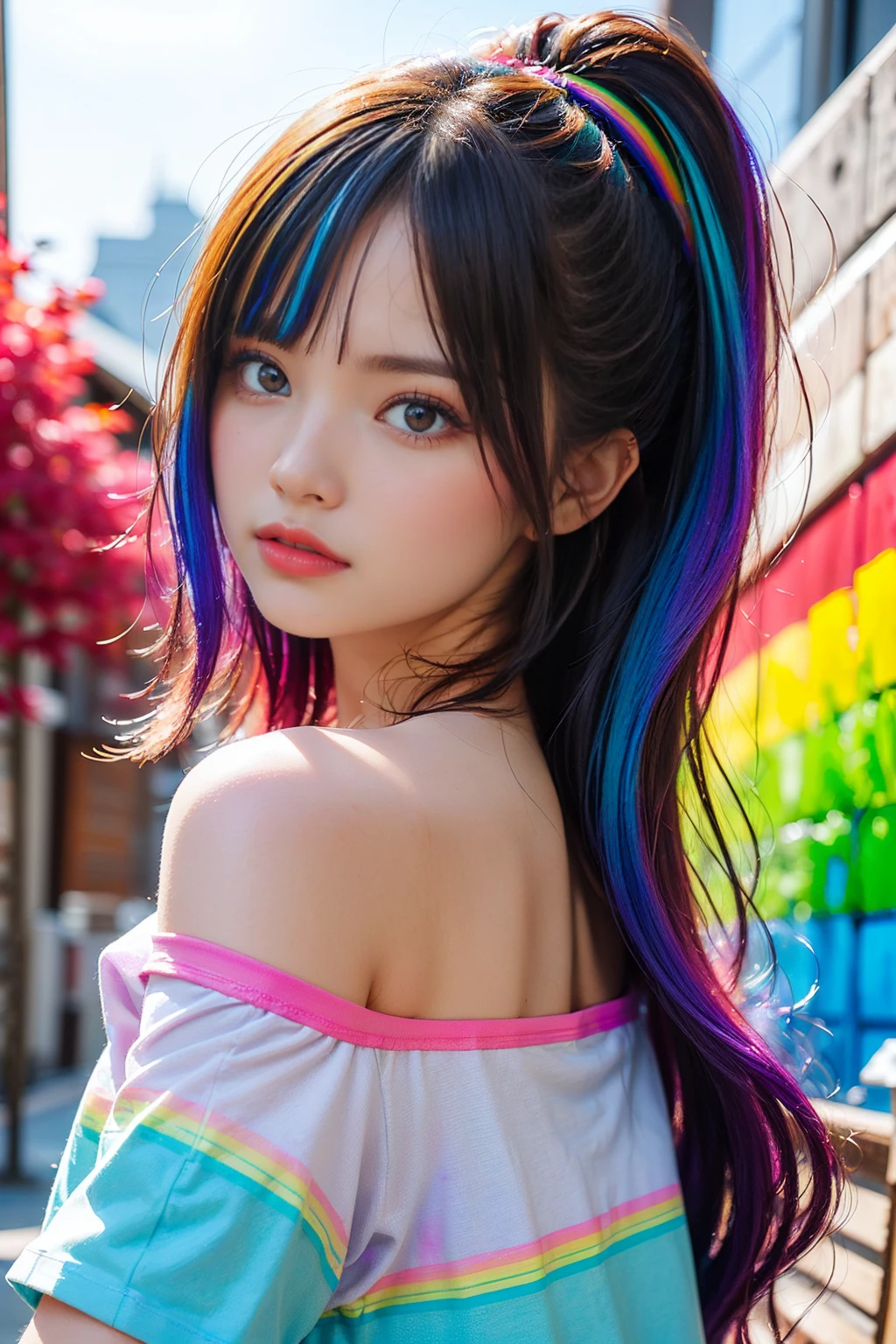 (pink fashion T-shirt: 1.9), (colorful hair: 1.8), (all the colors of the rainbow: 1.8), ((portrait: 1.6)), (painting: 1.6), front, comic strip, awareness raising, painting, big eyes, transparent, (rainbow gradient high ponytail: 1.7), delicate makeup, mouth closed, (small fresh: 1.5), (bandeau: 1.6), long eyelashes, white shoulder T-shirt, white shoulder shirt, looking at the viewer, teary eyes, (rainbow hair: 1.6), color splash, (solo: 1.8), color splash, color explosion, color splash, color explosion, thick lacquer style, messy lines, (shining) , (colorful), (colorful), (colorful), colorful, thick paint style, (splash) (color splash), vertical painting, upper body, paint splash, acrylic pigment, slope, paint, highest quality, highest quality, masterpiece, alone, Depth of writing boundary, face paint, colorful clothes, (elegance: 1.2), gorgeous, long white hair, wind, (elegance: 1.3), (petals: 1.4), (((masterpiece))),((((best quality is best))),((super detailed)),(raising awareness),(dynamic angle),((floating king)),(paintwork),((hair loss)),(one person),(one girl), (( (detailed anima face))),((detailed face)),first round, exposed bare shoulders, white hair,((hair color)),((striped hair)),beautiful fine details,no cleavage,(slope colored eyes),(( (colored eyes))),(( (colored background))),(( (high saturation))),(( (surrounded by colorful splashes))).