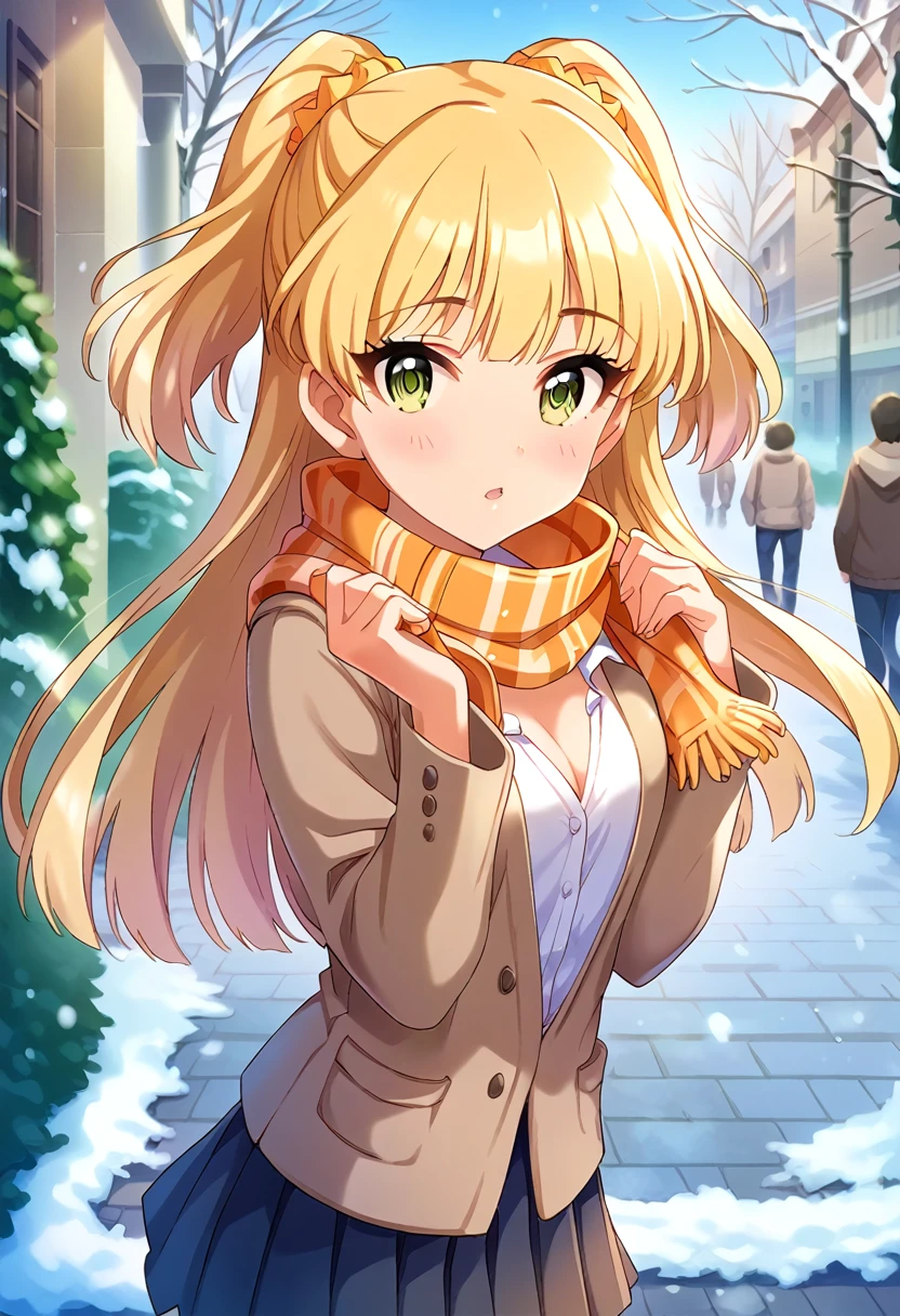 score_9, score_8_up, score_7_up, source_anime BREAK pinup of 1girl, jgskrk, , long hair,blonde hair, orange hair scrunchie, two side up, green eyes, blush, open mouth, parted lips, small breasts, cleavage, alternate costume, orange pleated scarf, white shirt, brown cardigan, brown blazer, long sleeves, two-tone orange pleated skirt, , looking at viewer, solo, outdoors, pavement, bare tree, blue sky, winter, snowing, 