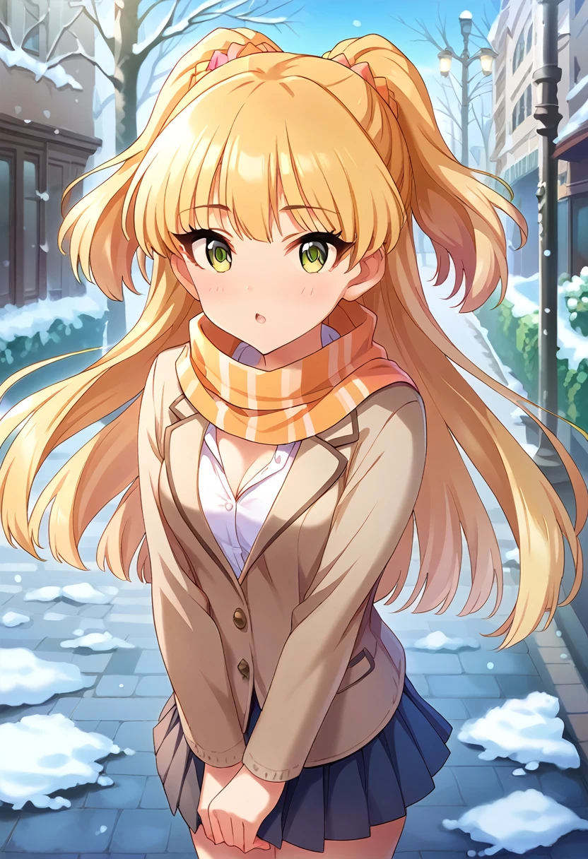 score_9, score_8_up, score_7_up, source_anime BREAK pinup of 1girl, jgskrk, , long hair,blonde hair, orange hair scrunchie, two side up, green eyes, blush, open mouth, parted lips, small breasts, cleavage, alternate costume, orange pleated scarf, white shirt, brown cardigan, brown blazer, long sleeves, two-tone orange pleated skirt, , looking at viewer, solo, outdoors, pavement, bare tree, blue sky, winter, snowing, 