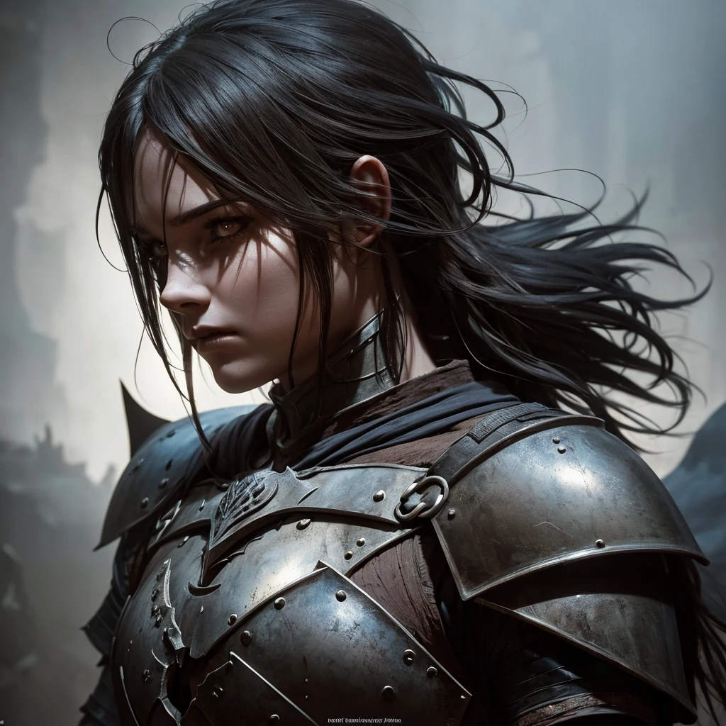 a dark knight girl in tattered armor, detailed face and eyes, medieval fantasy, cinematic lighting, dramatic shadows, gritty realism, muted color palette, chiaroscuro lighting, cinematic composition, epic scale, highly detailed, masterpiece