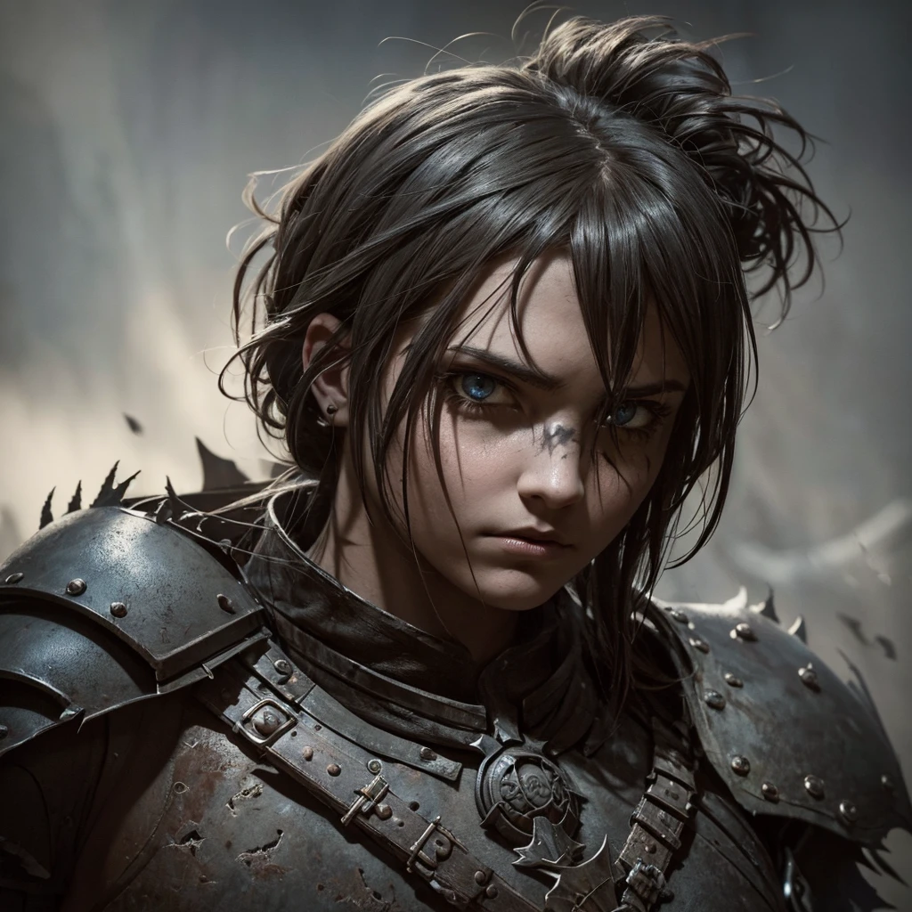 a dark knight girl in tattered armor, detailed face and eyes, medieval fantasy, cinematic lighting, dramatic shadows, gritty realism, muted color palette, chiaroscuro lighting, cinematic composition, epic scale, highly detailed, masterpiece