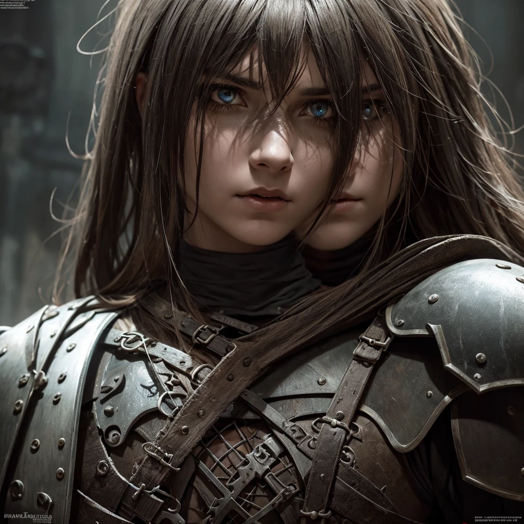 a dark knight girl in tattered armor, detailed face and eyes, medieval fantasy, cinematic lighting, dramatic shadows, gritty realism, muted color palette, chiaroscuro lighting, cinematic composition, epic scale, highly detailed, masterpiece