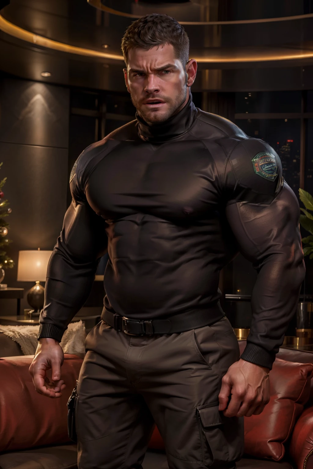 Muscular security guard with open mouth，Chris Redfield，He wears a long-sleeved turtleneck sweater，He had sad eyes in his eyes，Grievanced frown，Emerald charming eyes，Tall and burly，musculous！Tall, Burly and strong， Extremely detailed depiction of faces，Exquisite facial features，super gain and cool， commission for high resolution， Attractive strong men，Luxurious warmth in burgundy tones，He was in the luxurious living room