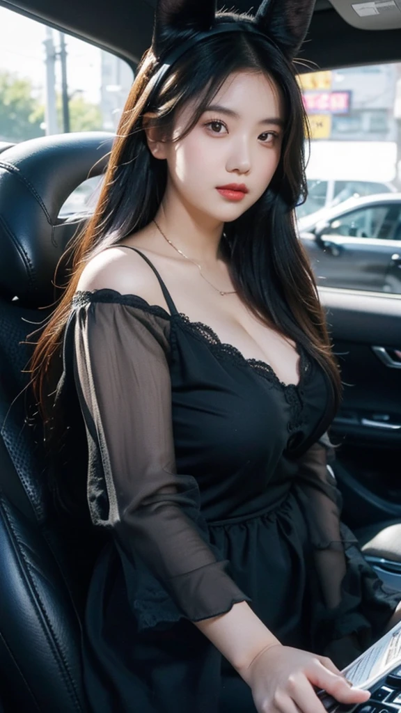 Draw a picture of a rather plump young Asian woman with long, wavy, dark brown hair. She wore a Bunny Ears Headband and a black blouse that revealed a bit of cleavage. This woman was standing next to the car with the door closed but the car window open, looking down slightly with one hand leaning on the door and the other holding her cell phone. The angle of this photo is from inside the car, showing the view from the side of the car door towards the woman. The background is nighttime with dim lighting, and there is some graffiti or murals on the wall behind the woman.