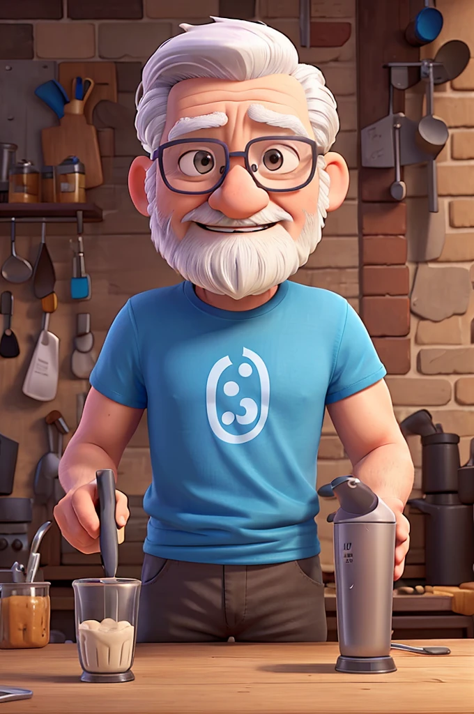 The character is old with platinum hair, he has white skin and wears glasses, In one hand he is holding a blender and in the other a tool, he is wearing a blue t-shirt and he has no beard