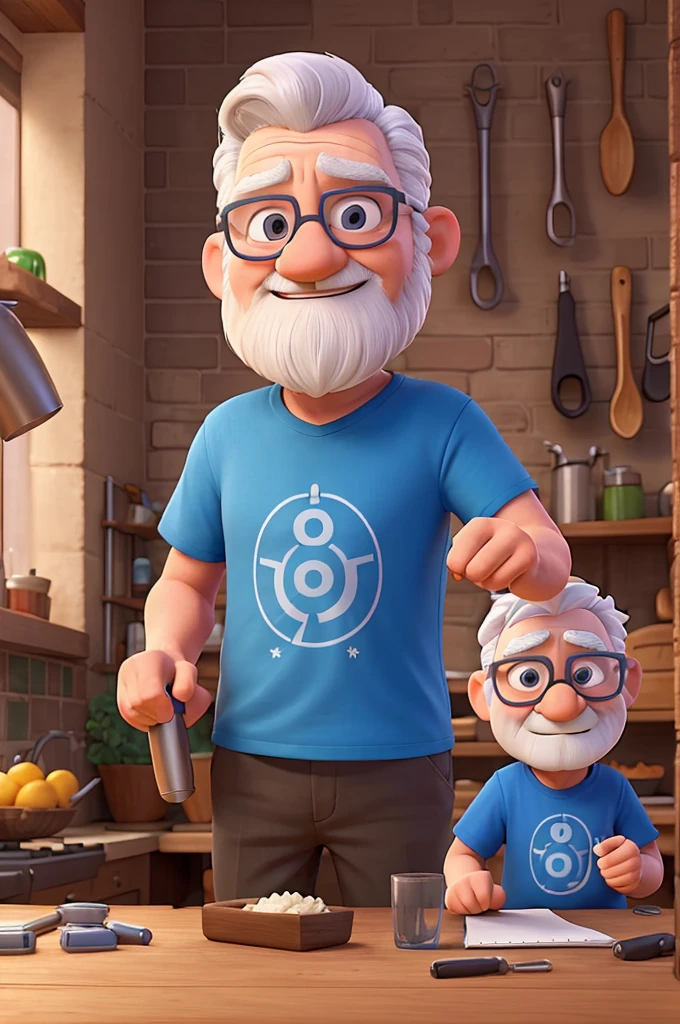The character is old with platinum hair, he has white skin and wears glasses, In one hand he is holding a blender and in the other a tool, he is wearing a blue t-shirt and he has no beard