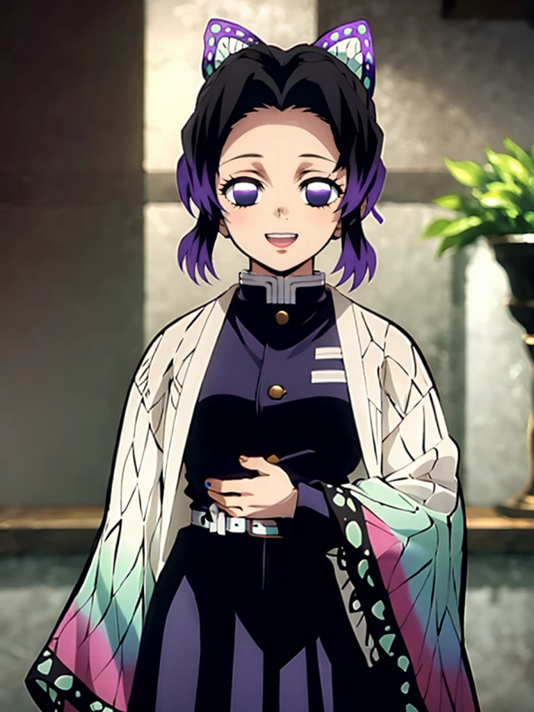 Kochou shinobu, 4k, absurd, high resolution, very high resolution, high definition, masterpiece, Short hair, purple hair, Hair Adorno, Butterfly hair ornament, Purple eyes, Slayer Demon Uniform, Black Jacket, micro black thong, White belt, Separate bangs, wide sleeves, Butterfly hair ornament, upper body, looking_at_viewer, :d