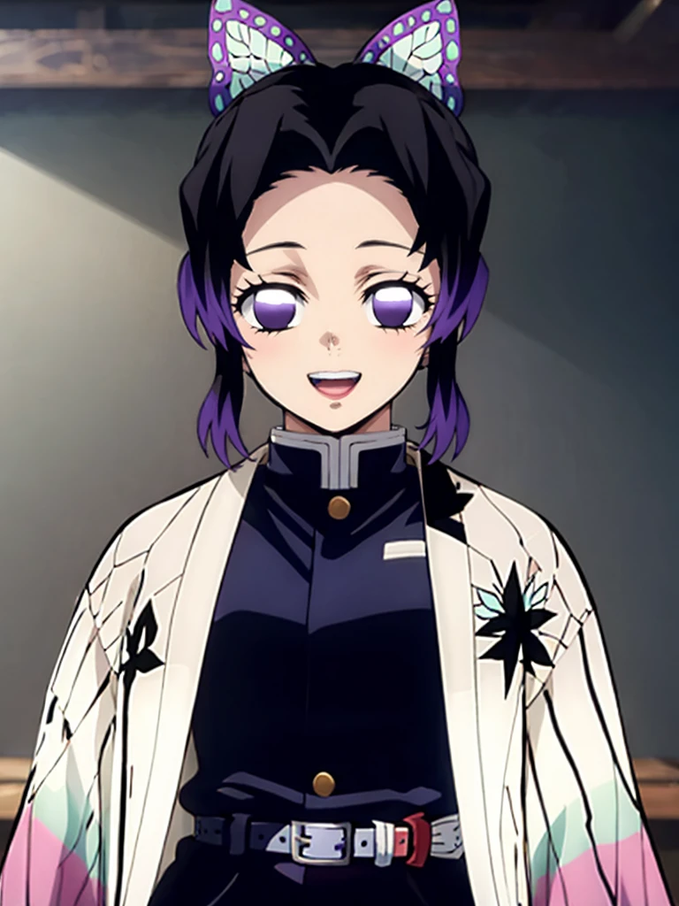 Kochou shinobu, 4k, absurd, high resolution, very high resolution, high definition, masterpiece, Short hair, purple hair, Hair Adorno, Butterfly hair ornament, Purple eyes, Slayer Demon Uniform, Black Jacket, micro black thong, White belt, Separate bangs, wide sleeves, Butterfly hair ornament, upper body, looking_at_viewer, :d