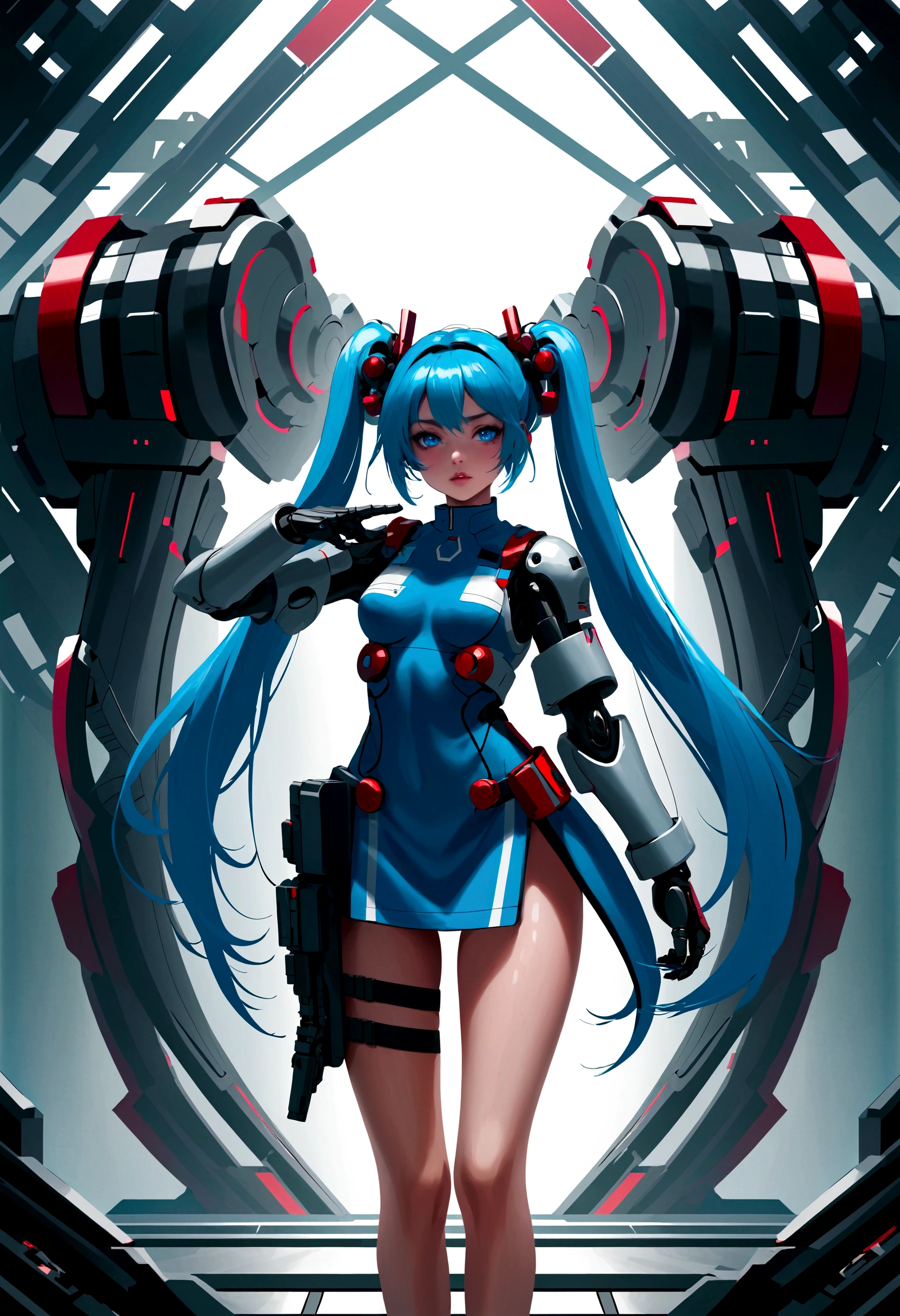Science Fiction,girl, long_twintails, Robotic Arm, Technological military uniforms,blue eyes, Raise your arms, War Background