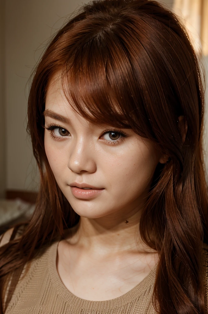 hyper realistic, face of a woman, asian redhead woman, 18 ans, magnificent, High Quality Details, russet hair