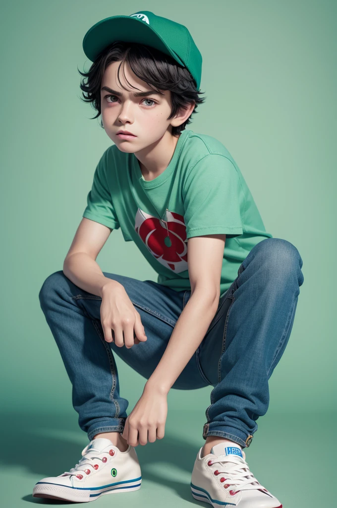 PROMPT MASCULINO:

Boy character from the film amusingly, disney pixar style,3d,with short wavy black hair, blue all star sneakers, green eyes, Red cap, jeans, face with angry expression, Light green skin, white background 8k quality