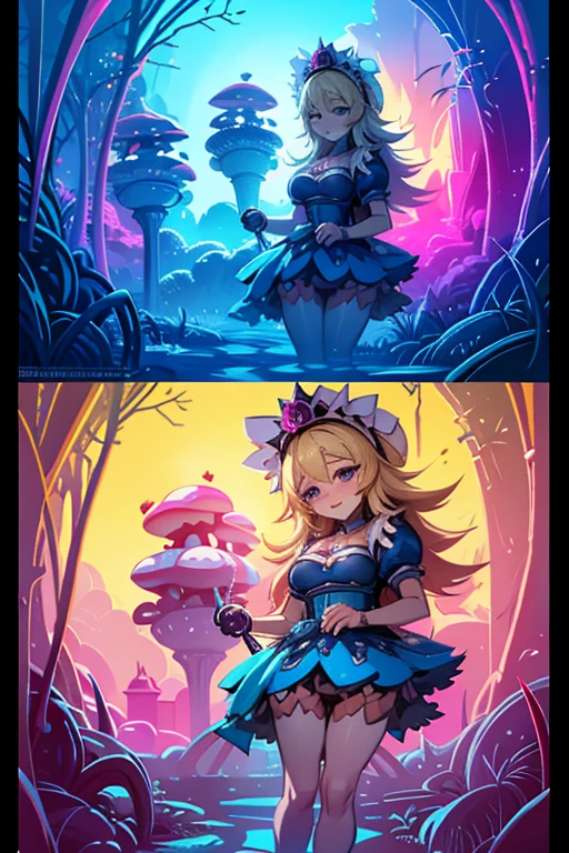 a beautiful 20 year old blonde woman with big messy hair in a blue dress, white stockings, black headband, cleavage, holding a glowing mushroom, fantasy art style, rossdraws cartoon vibrant, alice x. zhang, alice in wonderland cyberpunk, cute detailed digital art, colorfull digital fantasy art, digital fantasy art ), glossy digital painting, rossdraws pastel vibrant, rossdraws 2. 5, rossdraws 1. 0