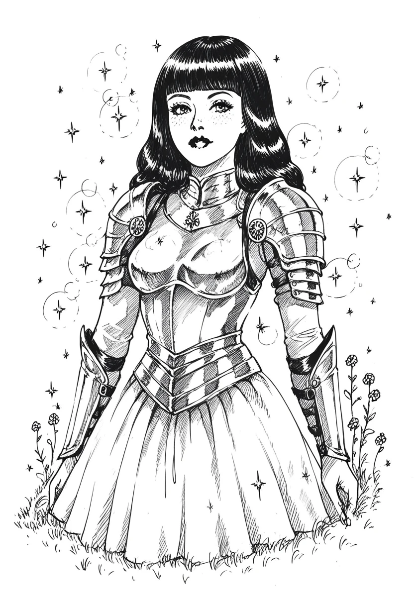score_9, score_8_up, score_7_up, 1girl, sp1t, abundant detailed hatching shading, monochrome,best quality, high resolution, clean background,  blunt bangs, straight hair, hime cut, A medieval female knight in luminous armor, (Luminescent armor:1.3), glitter with gold,