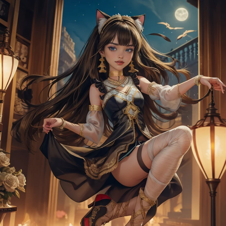  1girl, centered, a girl with a light brown skinny, cowboy shot, solo, brown hair, long hair, wave hair, Egyptian aesthetic, black shirt, black skirt, blue knee boots, smiling, Egypt style, Egypt scenery, gold lanterns, white roses, full moon,  depth of field, cinematic composition, night, white roses, smile, gold jewelry, jewelry, Egypt Pyramids scene, desert, white roses on focus, Cleo de Nilo_(monster high), Monster High, looking at the viewer, more details on the clothes, petals in the air, two arms, two legs, two hands, five fingers, Egypt Pyramids scene, desert, 1girl, black maid dress, jewelry, brown hair, flowing hair, long hair, maid dress with a short skirt and layers, blue laces, blue boots, black dress with transparency, gold details on her clothes, cat ears, animal ears,  more details, perfectly body, perfectly hands, two hands, two legs, two arms, five fingers, glowing hair, best quality, alone, maid headdress, choker, detached sleeves, maid dress, maid black dress, strapless, masterpiece, best quality, detailed face, night, asymmetrical gloves, bangs, black short skirt , black gloves, white boots, earrings, elbow gloves, fishnet thighhighs, fish masterpiece, solo, best quality, detailed face, gloves, hair between eyes, jewelry, long hair, looking at viewer, single earring, sky, sleeveless, solo, thigh boots, thigh highs, uneven gloves, solo, alone, Looking at the viewer, More details on the clothes, white roses on her hair, Egypt Pyramids scene, desert, maid, maid dress, golden details, white roses, maid headdress, maid apron, long hair