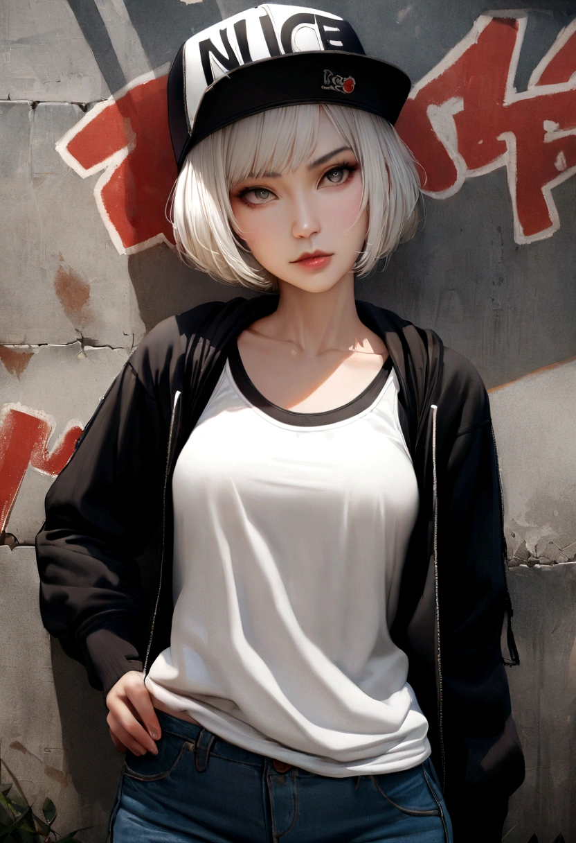 masterpiece, Highest quality, Very detailed, 8K, Realistic, One Girl, alone, Tomboy, Very detailed face, (head shot:1.5), Standing in front of a wall covered in hip hop graffiti, Pixie cut white hair, He is wearing a short tank top and an open-zipped hoodie...,I can see your chest,Nice ass,Wear a New Era cap