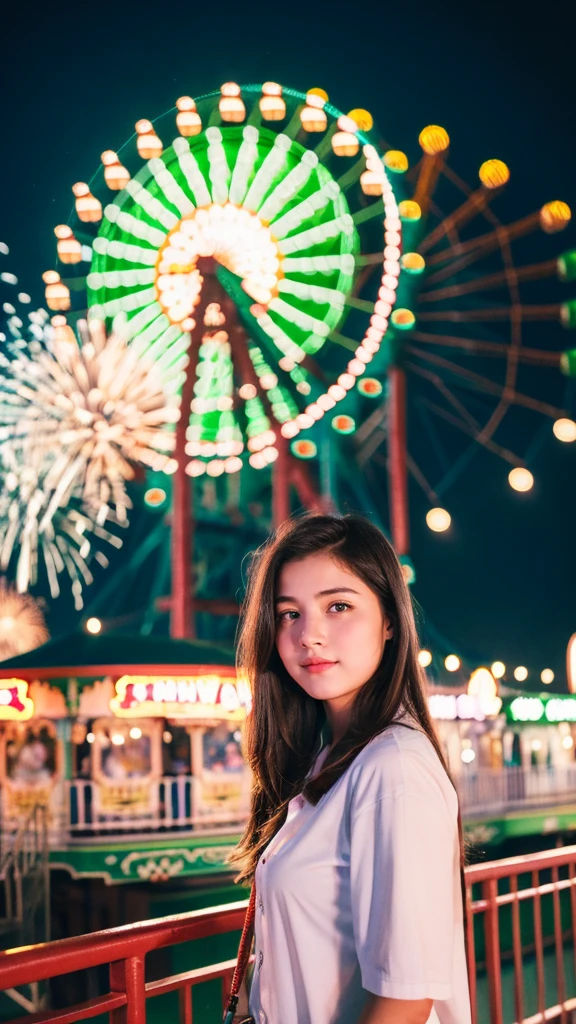 ((best quality)), ((masterpiece)), (detailed), 1girl, , standing at the amusement park in front of the giant wheel or ferris wheel, and see the fireworks on the sky beautiful green and blue fireworks, night view, 8K UHD