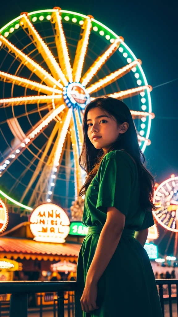 ((best quality)), ((masterpiece)), (detailed), 1girl, 16 years old, standing at the amusement park in front of the giant wheel or ferris wheel, and see the fireworks on the sky beautiful green and blue fireworks, night view, 8K UHD