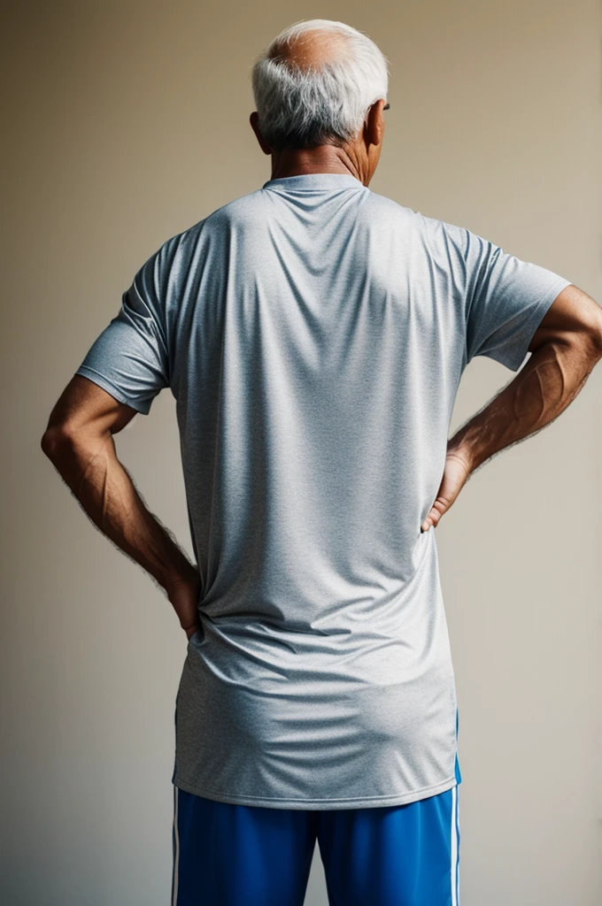 Create an older adult in sports clothing standing with his hands on his waist with his back turned