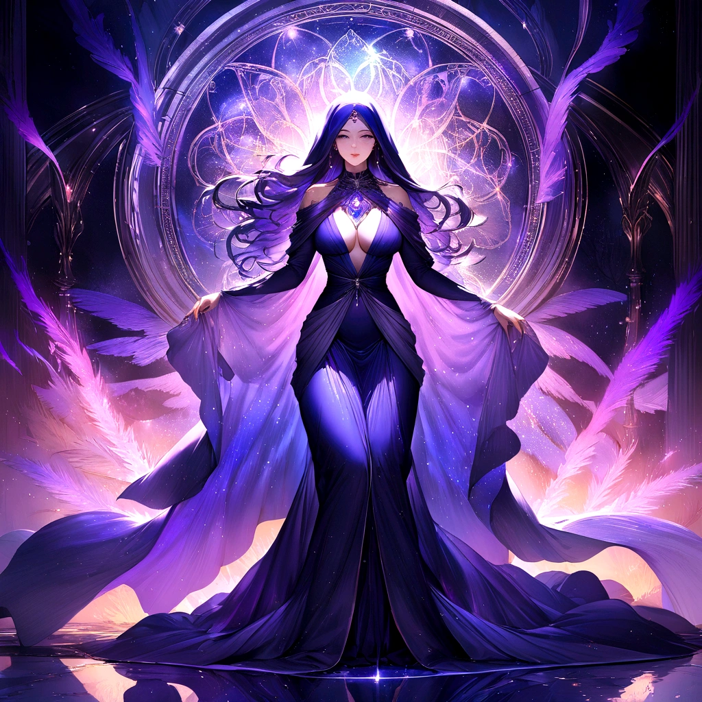 (best quality,4k,highres,masterpiece:1.2),ultra-detailed,(realistic:1.37) A mature curvaceous Malaysian woman with her age at 40, dressed in a hijab that covers all of her hair, is standing in the center of a mystical scene. She is wearing a beautiful silk magic gown that shimmers with an otherworldly glow. The gown flows gracefully around her figure, accentuating her curves and adding an air of elegance to her presence. The woman is a witch, strong and knowledgeable in the mystic arts. She stands confidently with her hands raised, as if channeling her magical powers. Around her, a magic circle adorns the ground with intricate symbols and glowing sigils. The circle is made from a combination of runes and arcana, pulsating with energy in vibrant colors of blues and purples. As the woman continues her summoning, a mythical monster starts to materialize from within the magic circle. The creature is a magnificent being, towering with a majestic presence. Its body is covered in shimmering scales, reflecting the light around it in a mesmerizing display. The creature's form is a combination of various animals, with wings of an eagle, the tail of a serpent, and the head of a lion. The scene is bathed in an ethereal light, reminiscent of moonlight casting an enchanting glow. The soft illumination illuminates the woman's face, revealing a calm and focused expression. Her eyes emit a glimmer of magic, while her lips are curved in determination. The background is an enchanted forest, with towering trees reaching towards the sky. The forest is filled with vibrant foliage, casting shadows and adding layers of depth to the overall composition. The air is filled with an aura of mystery and anticipation, as if the entire world holds its breath in awe of the imminent manifestation. The color palette of the scene is rich and vivid, with deep shades of blues and purples dominating the overall tone. The contrasting warm hues of the woman's gown provide a beautiful balance and creat