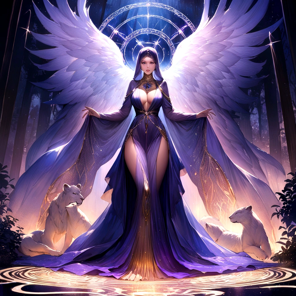 (best quality,4k,highres,masterpiece:1.2),ultra-detailed,(realistic:1.37) A mature curvaceous Malaysian woman with her age at 40, dressed in a hijab that covers all of her hair, is standing in the center of a mystical scene. She is wearing a beautiful silk magic gown that shimmers with an otherworldly glow. The gown flows gracefully around her figure, accentuating her curves and adding an air of elegance to her presence. The woman is a witch, strong and knowledgeable in the mystic arts. She stands confidently with her hands raised, as if channeling her magical powers. Around her, a magic circle adorns the ground with intricate symbols and glowing sigils. The circle is made from a combination of runes and arcana, pulsating with energy in vibrant colors of blues and purples. As the woman continues her summoning, a mythical monster starts to materialize from within the magic circle. The creature is a magnificent being, towering with a majestic presence. Its body is covered in shimmering scales, reflecting the light around it in a mesmerizing display. The creature's form is a combination of various animals, with wings of an eagle, the tail of a serpent, and the head of a lion. The scene is bathed in an ethereal light, reminiscent of moonlight casting an enchanting glow. The soft illumination illuminates the woman's face, revealing a calm and focused expression. Her eyes emit a glimmer of magic, while her lips are curved in determination. The background is an enchanted forest, with towering trees reaching towards the sky. The forest is filled with vibrant foliage, casting shadows and adding layers of depth to the overall composition. The air is filled with an aura of mystery and anticipation, as if the entire world holds its breath in awe of the imminent manifestation. The color palette of the scene is rich and vivid, with deep shades of blues and purples dominating the overall tone. The contrasting warm hues of the woman's gown provide a beautiful balance and creat
