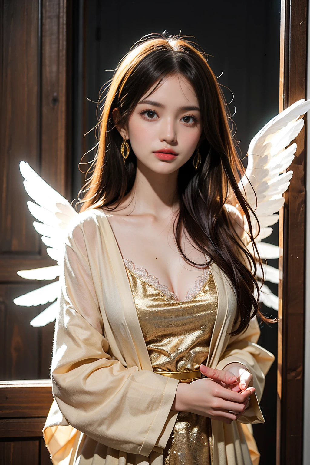 photorealistic, (hyperrealistic:1.2), beautiful, masterpiece, best quality, extremely detailed face, perfect lighting, nice hands, perfect hands, A divine and radiant angel in celestial splendor, (heavenly presence:1.2), (serene expression), (majestic wings), (ethereal glow:1.1), (peaceful and comforting), (transcendent beauty), (divine grace), (symbol of purity), (golden halo), (uplifting atmosphere), (celestial realm), (spiritual enlightenment), (gentle and protective), (illuminating light:1.2), (seraphic figure), (harmony and serenity), (angelic robes), (timeless and celestial), (captivating aura), (healing and guidance)