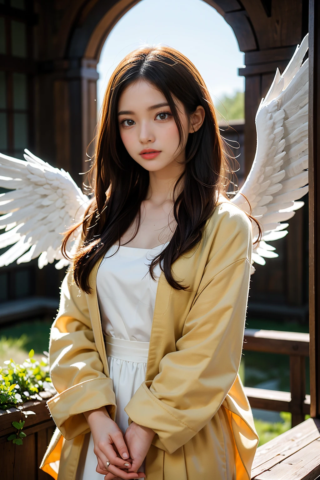 photorealistic, (hyperrealistic:1.2), beautiful, masterpiece, best quality, extremely detailed face, perfect lighting, nice hands, perfect hands, A divine and radiant angel in celestial splendor, (heavenly presence:1.2), (serene expression), (majestic wings), (ethereal glow:1.1), (peaceful and comforting), (transcendent beauty), (divine grace), (symbol of purity), (golden halo), (uplifting atmosphere), (celestial realm), (spiritual enlightenment), (gentle and protective), (illuminating light:1.2), (seraphic figure), (harmony and serenity), (angelic robes), (timeless and celestial), (captivating aura), (healing and guidance)