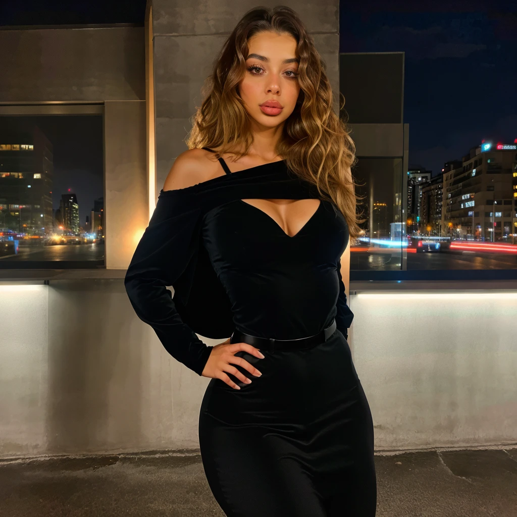 Beautiful Latina woman slim thick woman in black classy clothing posing in a beautiful city at night time long curly brunette hair 