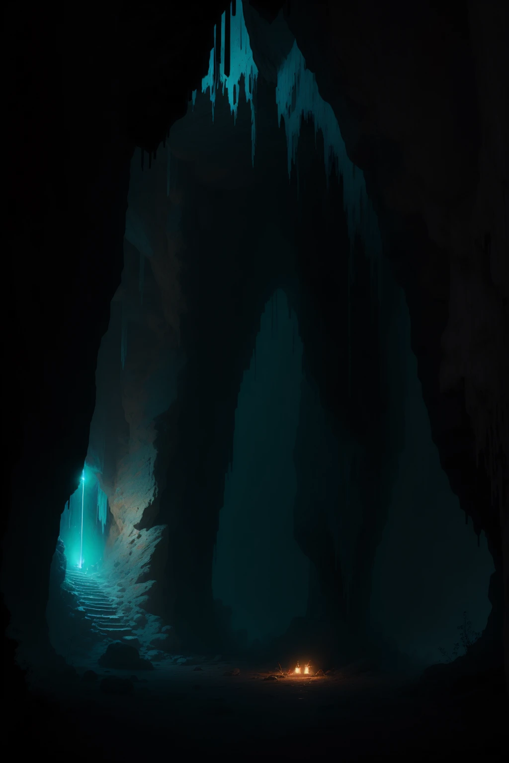 (Best Quality,4k,8k,high resolution, Masterpiece:1.2),ultra detailed, sharp focus,(realist,photorealist,fotorrealista:1.37),extremely fine details, intricate details,vivid colors,intense colours,deep contrast,cinematic depth of field,cinematographic composition,cinematic camera angle(Photography focused on caves with bioluminescent stalactites and strange insects:1.5 .), mine landscape with bioluminescent stalactites, quiet, , minimalist, dark humid environment:1.4 , spiderweb, dusty, Disturbing silence, crumbling walls, dark space, calm colors, mysterious atmosphere
