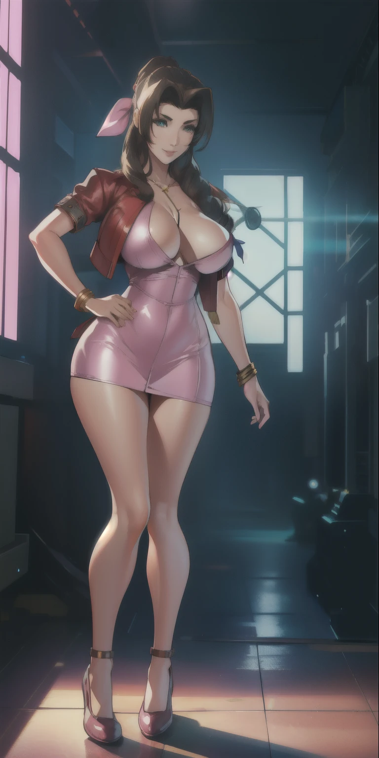 ​masterpiece, best qarity, Aerith Gainsborough, She is standing, she is raised, short dress, Athletic build, thin waste, broad hips, perky ass, gargantilha, Short jacket, hair bow, bracelet, pink dress, spectator side, smile, mouth shut, inside, stained glass, legs thick, big boobies, very short dress, she is standing, She is standing, photo studio scenery, lighting, professional foto,