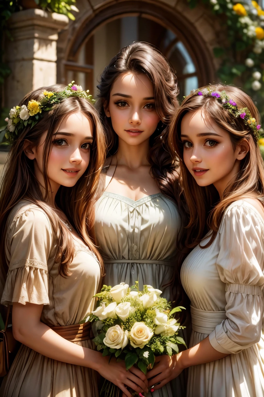 a beautiful group of 4 women, smiling happily, detailed  features, beautiful detailed eyes, beautiful detailed lips, extremely detailed faces, long eyelashes, elegant hairstyles, fashionable clothing, outdoor garden setting, lush greenery, colorful flowers, warm sunlight, soft focus, highly detailed, photorealistic, masterpiece, 8k, cinematic lighting, vibrant colors, natural skin tones