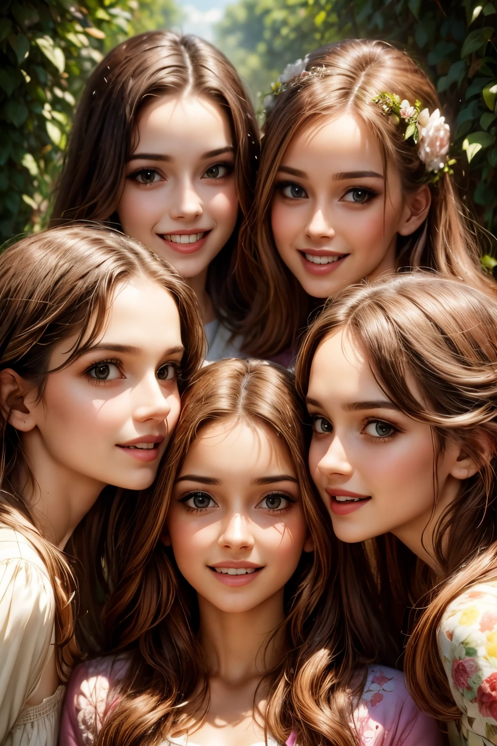 a beautiful group of 4 women, smiling happily, detailed facial features, beautiful detailed eyes, beautiful detailed lips, extremely detailed faces, long eyelashes, elegant hairstyles, fashionable clothing, outdoor garden setting, lush greenery, colorful flowers, warm sunlight, soft focus, highly detailed, photorealistic, masterpiece, 8k, cinematic lighting, vibrant colors, natural skin tones