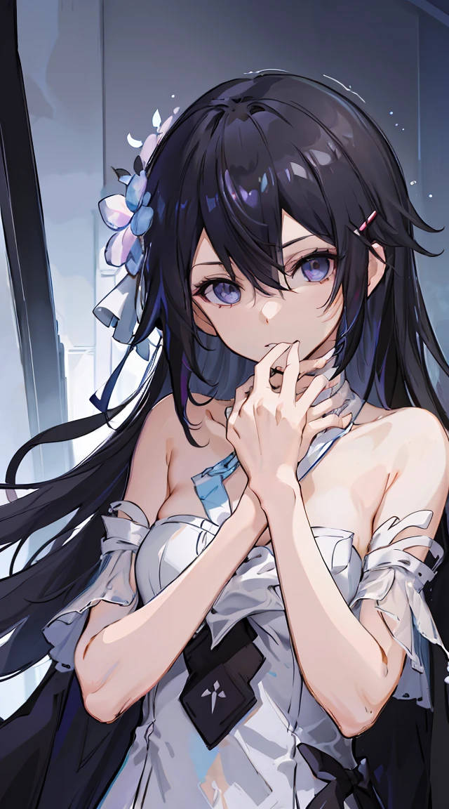 Beth,,Expose the private part, turn,Long black hair,Big ,Purple eye,tmasterpiece,best qualtiy,ultra - detailed,illustratio,epic lighting,cinematic compositions,isometry,1girl,独奏,adolable,black color hair,red hair clips,formal,a captivating gaze,captivating posture,inside in room,office room,doors,Open the door,looking at viewert,peeking out upper body,Be red in the face,seduct ,Shut your mouth,(8K:1.1),hand,Disdainful look,Disgusted expression,比基尼,Underwear,White tights,Nude,Ession of disdain,Black stockings