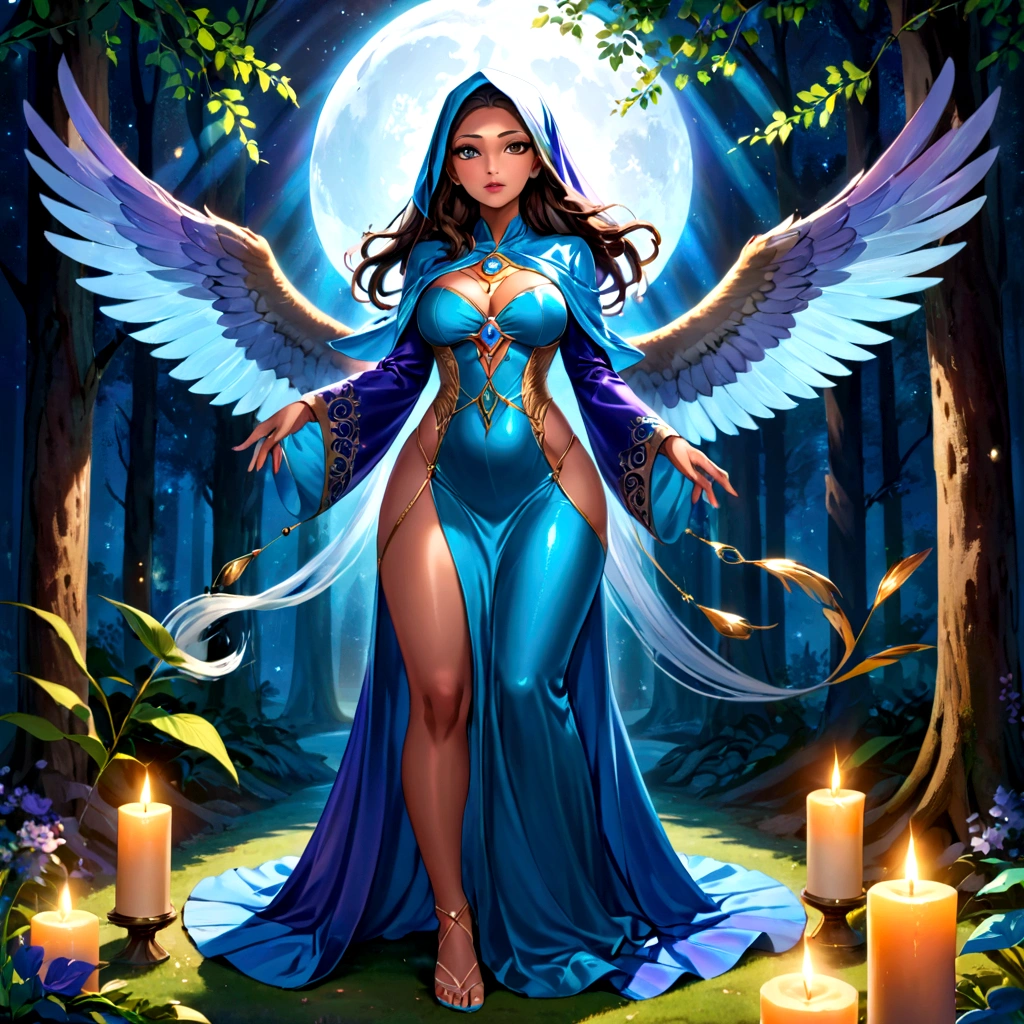 (best quality,4k,highres,masterpiece:1.2),ultra-detailed,(realistic:1.37) A mature curvaceous Malaysian woman with her age at 40, dressed in a hijab that covers all of her hair, is standing in the center of a mystical scene. She is wearing a beautiful silk magic gown that shimmers with an otherworldly glow. The gown flows gracefully around her figure, accentuating her curves and adding an air of elegance to her presence. The woman is a witch, strong and knowledgeable in the mystic arts. She stands confidently with her hands raised, as if channeling her magical powers. Around her, a magic circle adorns the ground with intricate symbols and glowing sigils. The circle is made from a combination of runes and arcana, pulsating with energy in vibrant colors of blues and purples. As the woman continues her summoning, a mythical monster starts to materialize from within the magic circle. The creature is a magnificent being, towering with a majestic presence. Its body is covered in shimmering scales, reflecting the light around it in a mesmerizing display. The creature's form is a combination of various animals, with wings of an eagle, the tail of a serpent, and the head of a lion. The scene is bathed in an ethereal light, reminiscent of moonlight casting an enchanting glow. The soft illumination illuminates the woman's face, revealing a calm and focused expression. Her eyes emit a glimmer of magic, while her lips are curved in determination. The background is an enchanted forest, with towering trees reaching towards the sky. The forest is filled with vibrant foliage, casting shadows and adding layers of depth to the overall composition. The air is filled with an aura of mystery and anticipation, as if the entire world holds its breath in awe of the imminent manifestation. The color palette of the scene is rich and vivid, with deep shades of blues and purples dominating the overall tone. The contrasting warm hues of the woman's gown provide a beautiful balance and creat
