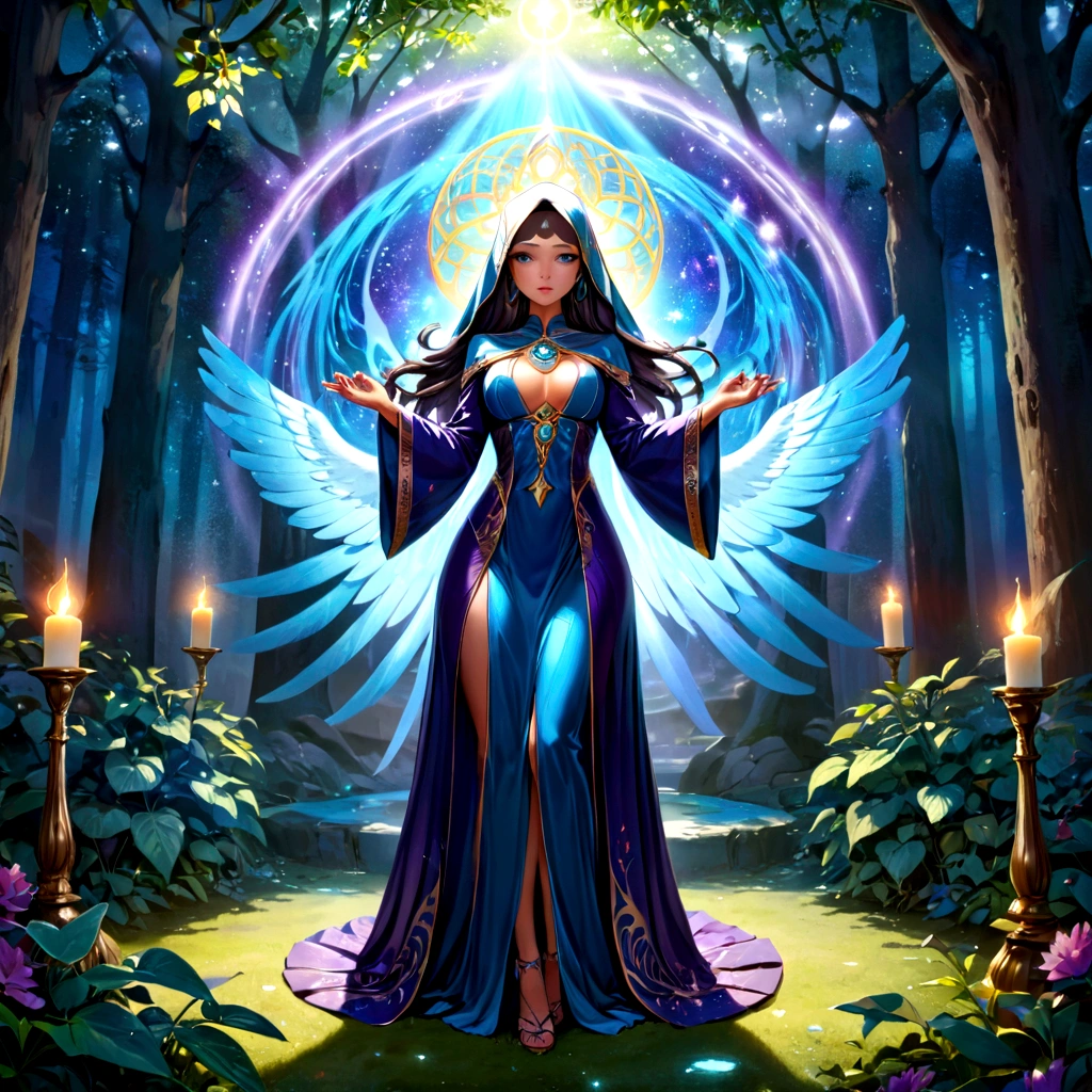 (best quality,4k,highres,masterpiece:1.2),ultra-detailed,(realistic:1.37) A mature curvaceous Malaysian woman with her age at 40, dressed in a hijab that covers all of her hair, is standing in the center of a mystical scene. She is wearing a beautiful silk magic gown that shimmers with an otherworldly glow. The gown flows gracefully around her figure, accentuating her curves and adding an air of elegance to her presence. The woman is a witch, strong and knowledgeable in the mystic arts. She stands confidently with her hands raised, as if channeling her magical powers. Around her, a magic circle adorns the ground with intricate symbols and glowing sigils. The circle is made from a combination of runes and arcana, pulsating with energy in vibrant colors of blues and purples. As the woman continues her summoning, a mythical monster starts to materialize from within the magic circle. The creature is a magnificent being, towering with a majestic presence. Its body is covered in shimmering scales, reflecting the light around it in a mesmerizing display. The creature's form is a combination of various animals, with wings of an eagle, the tail of a serpent, and the head of a lion. The scene is bathed in an ethereal light, reminiscent of moonlight casting an enchanting glow. The soft illumination illuminates the woman's face, revealing a calm and focused expression. Her eyes emit a glimmer of magic, while her lips are curved in determination. The background is an enchanted forest, with towering trees reaching towards the sky. The forest is filled with vibrant foliage, casting shadows and adding layers of depth to the overall composition. The air is filled with an aura of mystery and anticipation, as if the entire world holds its breath in awe of the imminent manifestation. The color palette of the scene is rich and vivid, with deep shades of blues and purples dominating the overall tone. The contrasting warm hues of the woman's gown provide a beautiful balance and creat