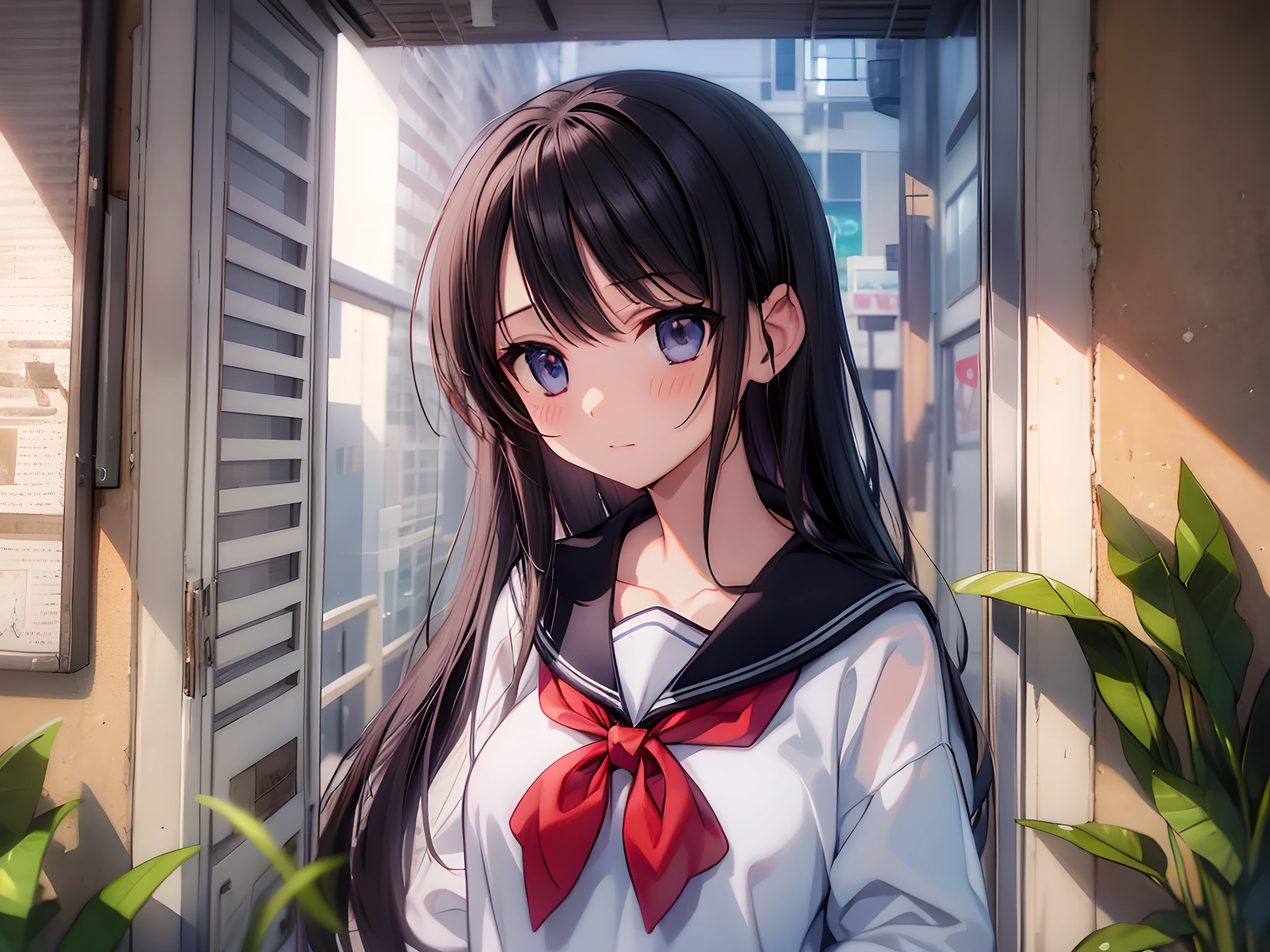 Highest quality, Super detailed, from the front, 1 Female, 25, Beautiful detailed woman, Black Hair, Embarrassing, Blushing, View your viewers,Sailor suit,Through the window,rain