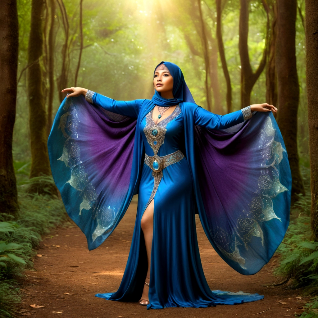 (best quality,4k,highres,masterpiece:1.2),ultra-detailed,(realistic:1.37) A mature curvaceous Malaysian woman with her age at 40, dressed in a sheer ornate hijab that covers all of her hair, is standing in the center of a mystical scene. She is wearing a airy ethereal sheer silk magic gown that shimmers with an otherworldly glow, womanly assets over exposed. The gown flows gracefully around her figure, accentuating her curves and adding an air of elegance to her presence. The woman is a witch, strong and knowledgeable in the mystic arts. She stands confidently with her hands raised, as if channeling her magical powers. Around her, a magic circle adorns the ground with intricate symbols and glowing sigils. The circle is made from a combination of runes and arcana, pulsating with energy in vibrant colors of blues and purples. As the woman continues her summoning, a mythical monster starts to materialize from within the magic circle. The creature is a magnificent being, towering with a majestic presence. Its body is covered in shimmering scales, reflecting the light around it in a mesmerizing display. The creature's form is a combination of various animals, with wings of an eagle, the tail of a serpent, and the head of a lion. The scene is bathed in an ethereal light, reminiscent of moonlight casting an enchanting glow. The soft illumination illuminates the woman's face, revealing a calm and focused expression. Her eyes emit a glimmer of magic, while her lips are curved in determination. The background is an enchanted forest, with towering trees reaching towards the sky. The forest is filled with vibrant foliage, casting shadows and adding layers of depth to the overall composition. The air is filled with an aura of mystery and anticipation, as if the entire world holds its breath in awe of the imminent manifestation. The color palette of the scene is rich and vivid, with deep shades of blues and purples dominating the overall tone. The contrasting warm hues of the wom