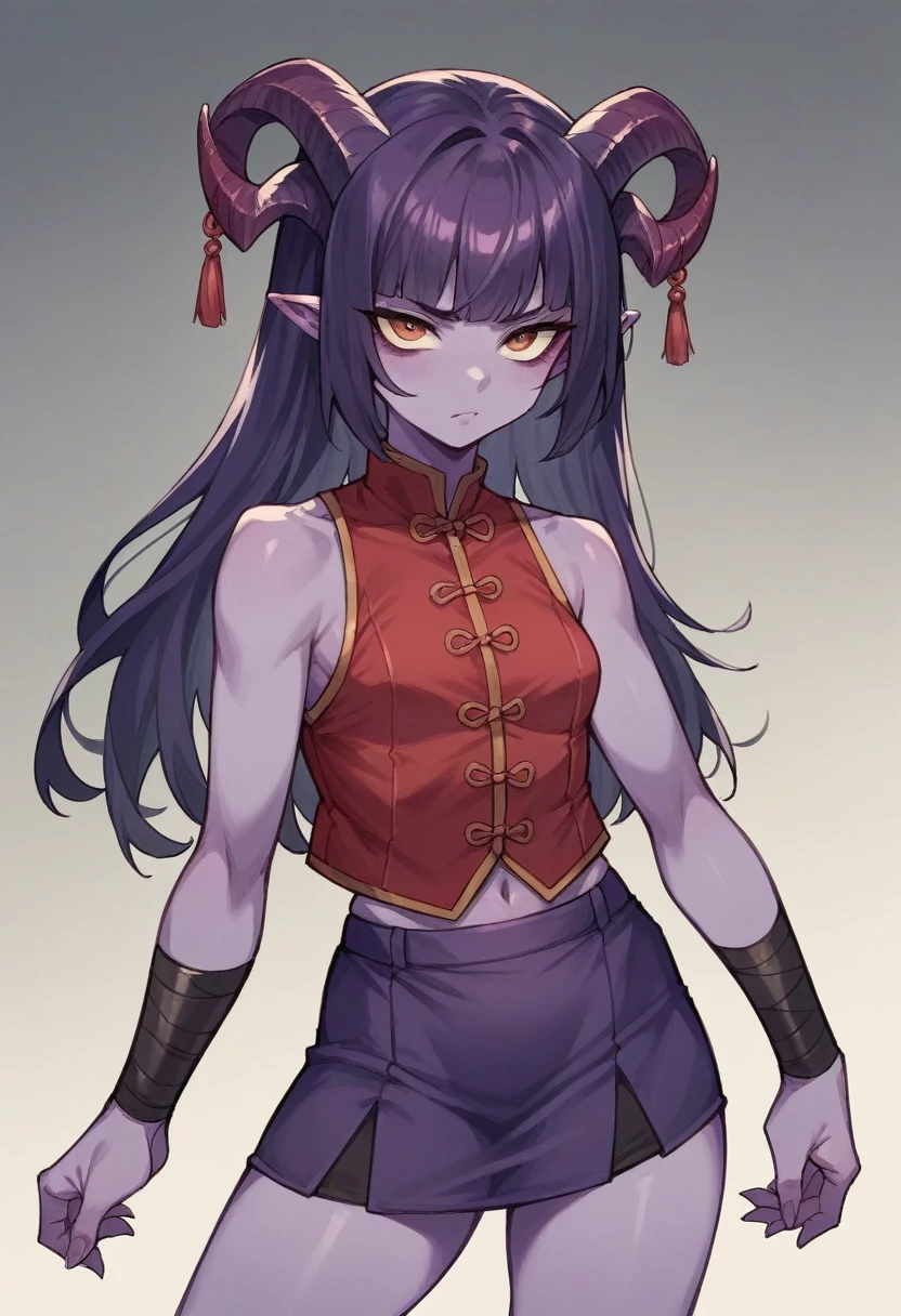 Daji, wareiors orochi, , purple skin, 2 small horns, small breasts, red vest, red and purple skirt
