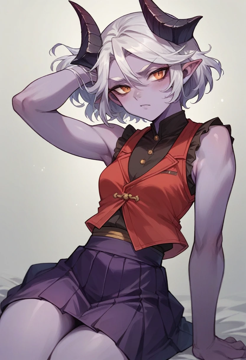 Daji, wareiors orochi, , purple skin, 2 small horns, small breasts, red vest, red and purple skirt