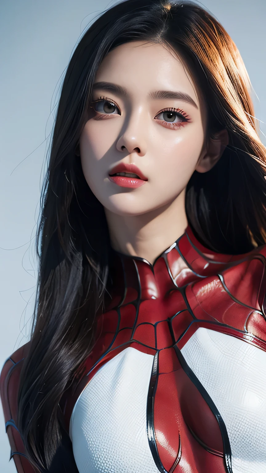 spider-woman, white suit, beautiful eyes, half body, masterpiece, ultra high details