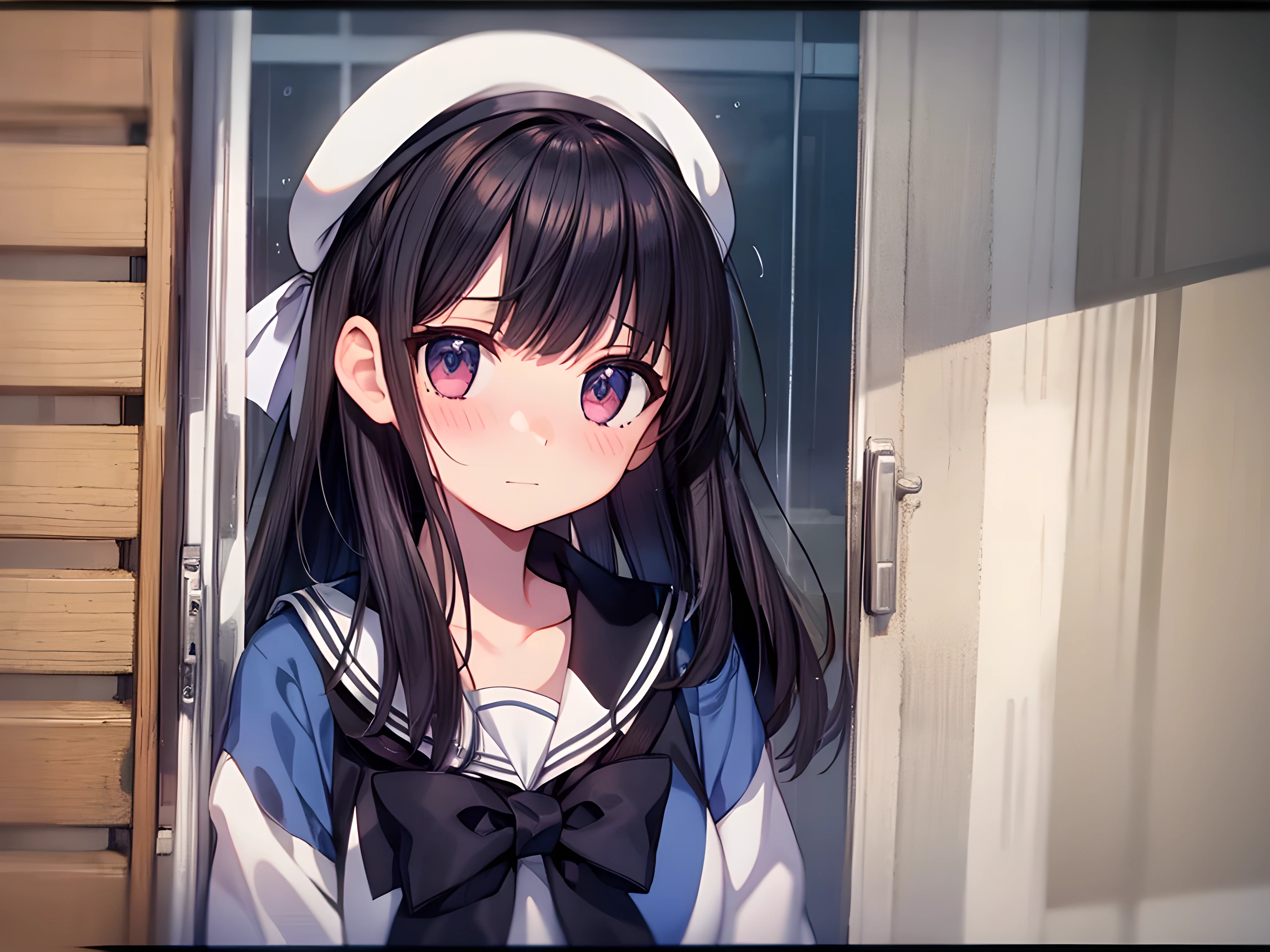 Highest quality, Super detailed, from the front, 1 Female, 25, Beautiful detailed woman, Black Hair, Embarrassing, Blushing, View your viewers,Sailor suit,Through the window,rain