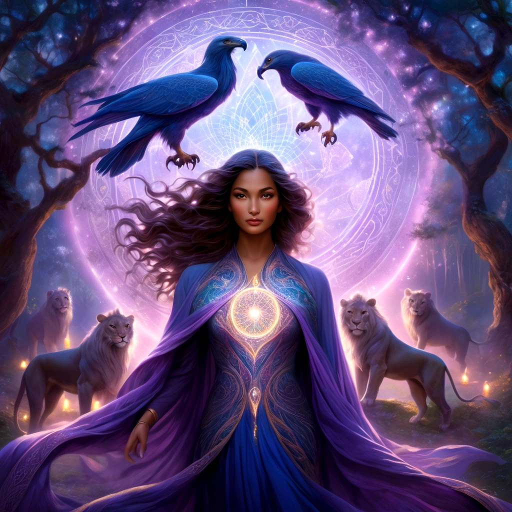 (best quality,4k,highres,masterpiece:1.2),ultra-detailed,(realistic:1.37) A mature curvaceous Malaysian woman with her age at 40, dressed in a hijab that covers all of her hair, is standing in the center of a mystical scene. She is wearing a beautiful silk magic gown that shimmers with an otherworldly glow. The gown flows gracefully around her figure, accentuating her curves and adding an air of elegance to her presence. The woman is a witch, strong and knowledgeable in the mystic arts. She stands confidently with her hands raised, as if channeling her magical powers. Around her, a magic circle adorns the ground with intricate symbols and glowing sigils. The circle is made from a combination of runes and arcana, pulsating with energy in vibrant colors of blues and purples. As the woman continues her summoning, a mythical monster starts to materialize from within the magic circle. The creature is a magnificent being, towering with a majestic presence. Its body is covered in shimmering scales, reflecting the light around it in a mesmerizing display. The creature's form is a combination of various animals, with wings of an eagle, the tail of a serpent, and the head of a lion. The scene is bathed in an ethereal light, reminiscent of moonlight casting an enchanting glow. The soft illumination illuminates the woman's face, revealing a calm and focused expression. Her eyes emit a glimmer of magic, while her lips are curved in determination. The background is an enchanted forest, with towering trees reaching towards the sky. The forest is filled with vibrant foliage, casting shadows and adding layers of depth to the overall composition. The air is filled with an aura of mystery and anticipation, as if the entire world holds its breath in awe of the imminent manifestation. The color palette of the scene is rich and vivid, with deep shades of blues and purples dominating the overall tone. The contrasting warm hues of the woman's gown provide a beautiful balance and creat
