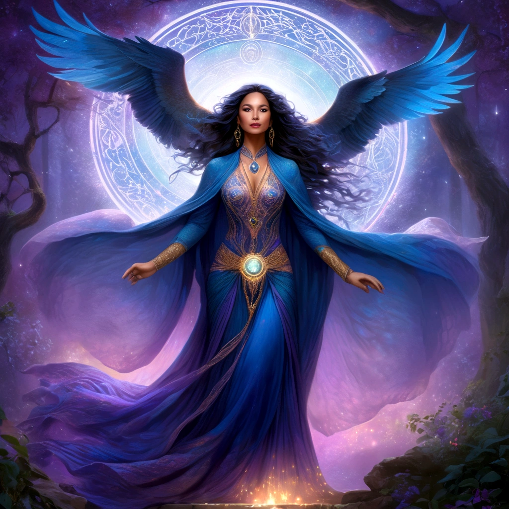 (best quality,4k,highres,masterpiece:1.2),ultra-detailed,(realistic:1.37) A mature curvaceous Malaysian woman with her age at 40, dressed in a hijab that covers all of her hair, is standing in the center of a mystical scene. She is wearing a beautiful silk magic gown that shimmers with an otherworldly glow. The gown flows gracefully around her figure, accentuating her curves and adding an air of elegance to her presence. The woman is a witch, strong and knowledgeable in the mystic arts. She stands confidently with her hands raised, as if channeling her magical powers. Around her, a magic circle adorns the ground with intricate symbols and glowing sigils. The circle is made from a combination of runes and arcana, pulsating with energy in vibrant colors of blues and purples. As the woman continues her summoning, a mythical monster starts to materialize from within the magic circle. The creature is a magnificent being, towering with a majestic presence. Its body is covered in shimmering scales, reflecting the light around it in a mesmerizing display. The creature's form is a combination of various animals, with wings of an eagle, the tail of a serpent, and the head of a lion. The scene is bathed in an ethereal light, reminiscent of moonlight casting an enchanting glow. The soft illumination illuminates the woman's face, revealing a calm and focused expression. Her eyes emit a glimmer of magic, while her lips are curved in determination. The background is an enchanted forest, with towering trees reaching towards the sky. The forest is filled with vibrant foliage, casting shadows and adding layers of depth to the overall composition. The air is filled with an aura of mystery and anticipation, as if the entire world holds its breath in awe of the imminent manifestation. The color palette of the scene is rich and vivid, with deep shades of blues and purples dominating the overall tone. The contrasting warm hues of the woman's gown provide a beautiful balance and creat