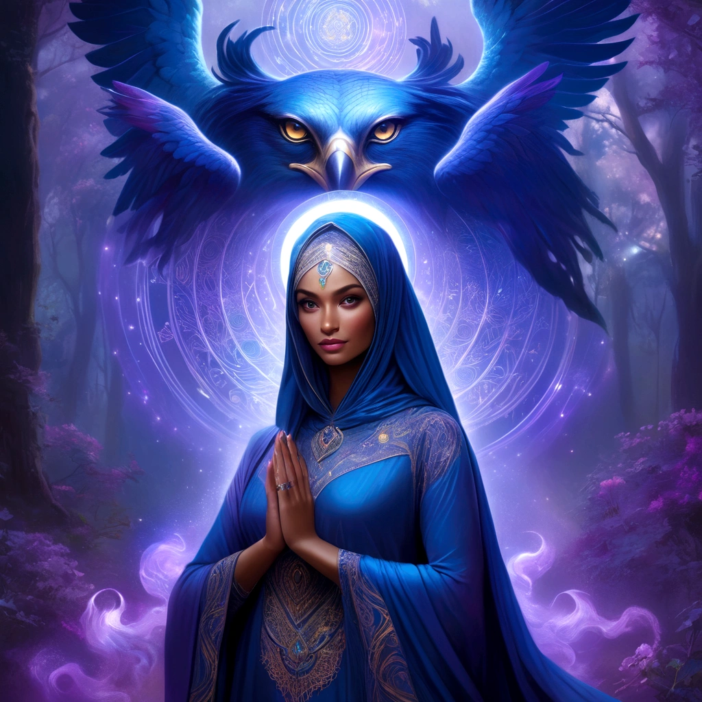 (best quality,4k,highres,masterpiece:1.2),ultra-detailed,(realistic:1.37) A mature curvaceous Malaysian woman with her age at 40, dressed in a hijab that covers all of her hair, is standing in the center of a mystical scene. She is wearing a beautiful silk magic gown that shimmers with an otherworldly glow. The gown flows gracefully around her figure, accentuating her curves and adding an air of elegance to her presence. The woman is a witch, strong and knowledgeable in the mystic arts. She stands confidently with her hands raised, as if channeling her magical powers. Around her, a magic circle adorns the ground with intricate symbols and glowing sigils. The circle is made from a combination of runes and arcana, pulsating with energy in vibrant colors of blues and purples. As the woman continues her summoning, a mythical monster starts to materialize from within the magic circle. The creature is a magnificent being, towering with a majestic presence. Its body is covered in shimmering scales, reflecting the light around it in a mesmerizing display. The creature's form is a combination of various animals, with wings of an eagle, the tail of a serpent, and the head of a lion. The scene is bathed in an ethereal light, reminiscent of moonlight casting an enchanting glow. The soft illumination illuminates the woman's face, revealing a calm and focused expression. Her eyes emit a glimmer of magic, while her lips are curved in determination. The background is an enchanted forest, with towering trees reaching towards the sky. The forest is filled with vibrant foliage, casting shadows and adding layers of depth to the overall composition. The air is filled with an aura of mystery and anticipation, as if the entire world holds its breath in awe of the imminent manifestation. The color palette of the scene is rich and vivid, with deep shades of blues and purples dominating the overall tone. The contrasting warm hues of the woman's gown provide a beautiful balance and creat