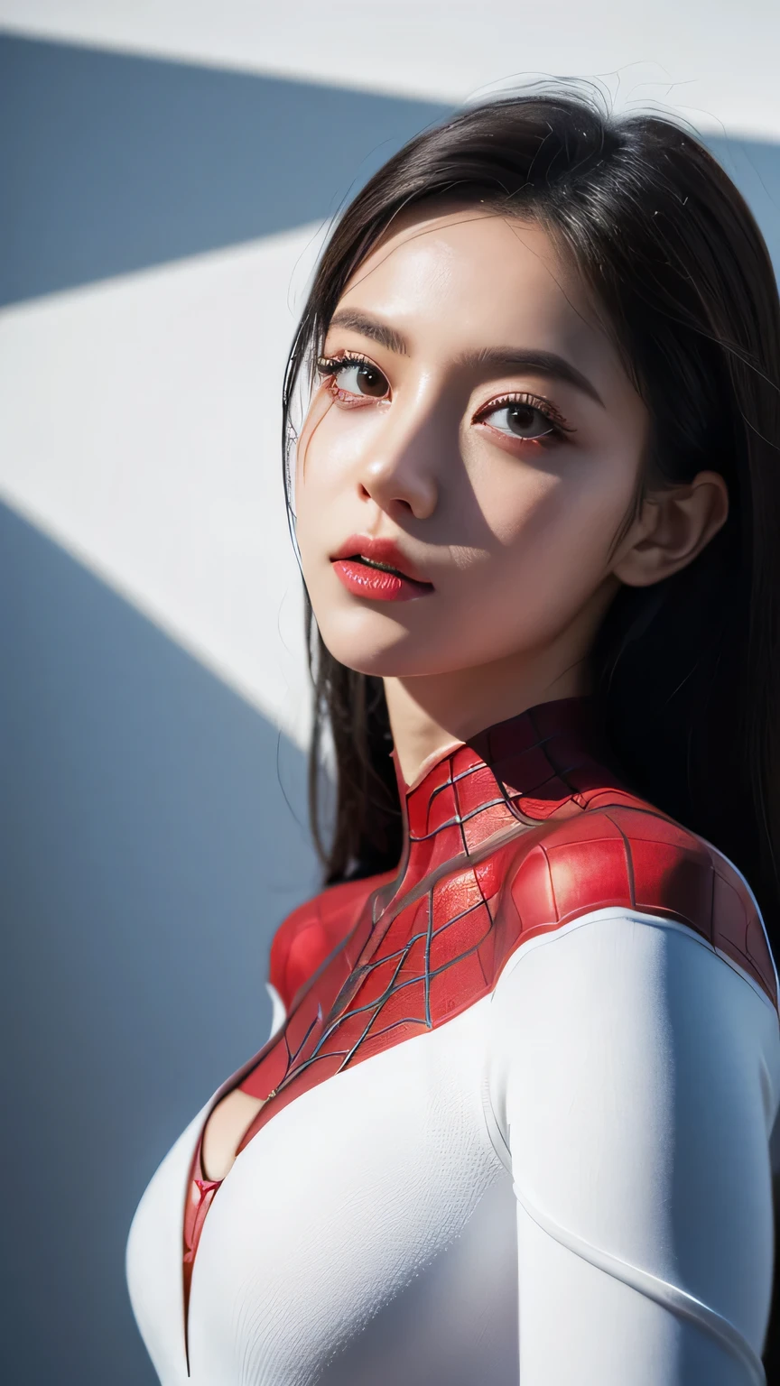 spider-woman, white suit, beautiful eyes, half body, masterpiece, ultra high details