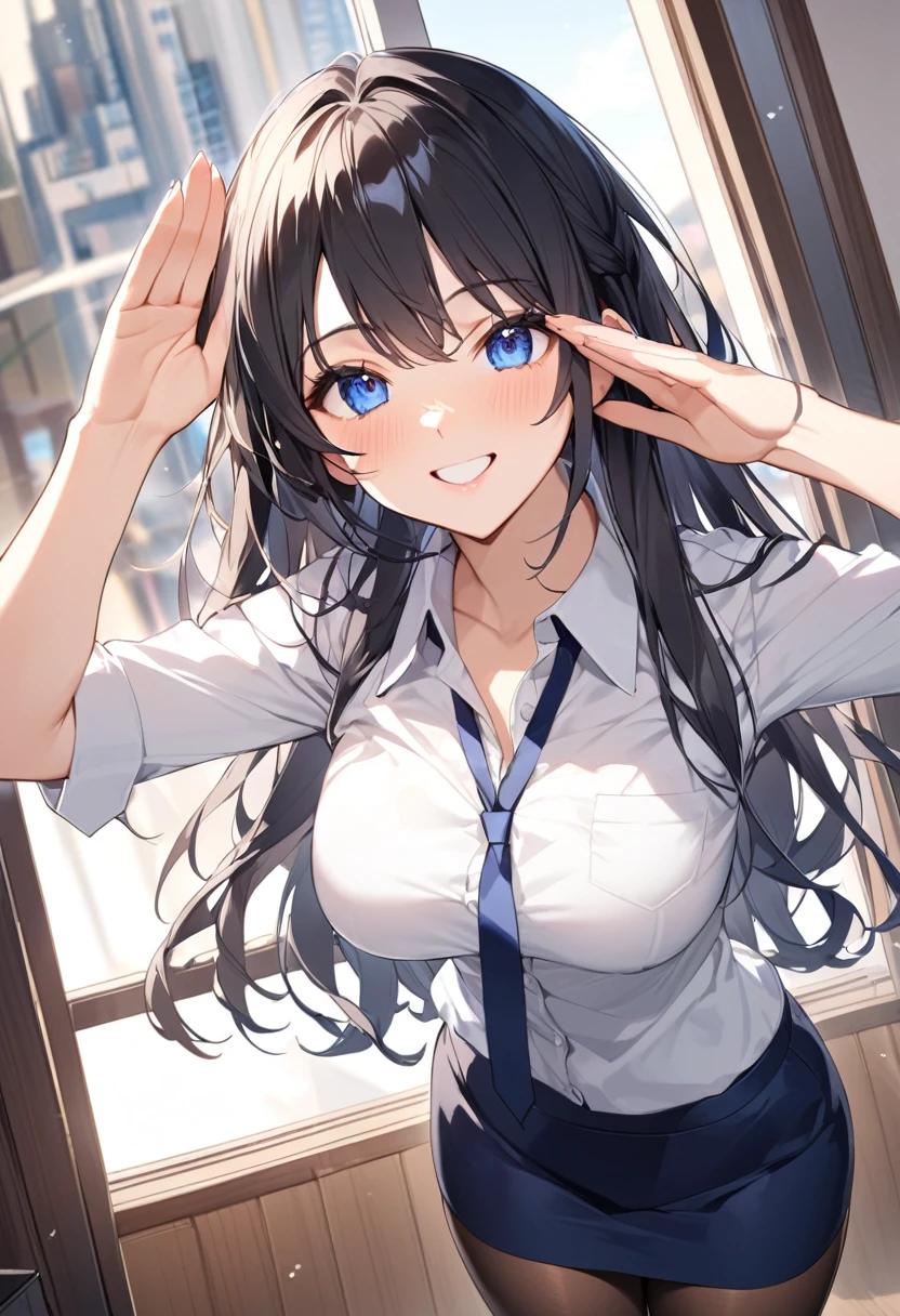 (Highest qualityのイラスト:1.2), (Black Hairの美少女:1.1), (1 girl、17 years old、Highest qualityのイラスト:1.2), (1 girl、Kind eyes、blue eyes:1.2)、((Black Hair:1.2))、Semi-long hair、(Highest quality、Very detailed、cute、Ultra-high resolution) 、Larger breasts、office lady, {white business shirt, Navy blue pencil skirt、 pantyhose}, Front facing、smile、Salute