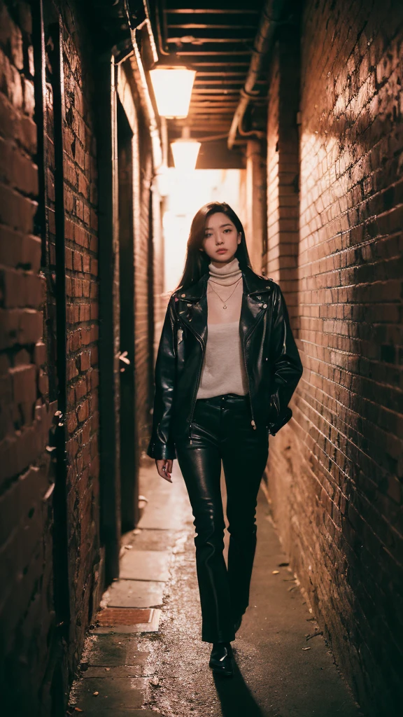 ((Best Quality, 8K, Masterpiece)), 1girl, Long black and shiny hair, long necklace, Neon shirt, Torn leg pants, Open jacket, Open-collared turtleneck sweater, Against the wall, brick walls, dim murky lights, alley, looking at viewer