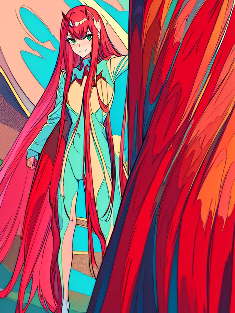Highly detailed background, masterpiece, Highest quality, One girl, alone, ((masterpiece, Highest quality)),Best aesthetics, Zero Two (Darling in the Franxx), Darling in the Franxx, bangs, bite, blush, Covered navel, eye shadow, Green Eyes, Hair on the back of the head, Hands on hips, horn, smile, Long Hair, View your viewers, compensate, Medium chest, Pilot Suit, Red suit, Pink Hair, red eye shadow, sf, Fits perfectly to the skin,