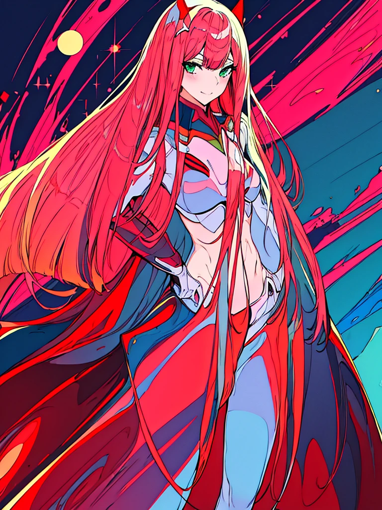 Highly detailed background, masterpiece, Highest quality, One girl, alone, ((masterpiece, Highest quality)),Best aesthetics, Zero Two (Darling in the Franxx), Darling in the Franxx, bangs, bite, blush, Covered navel, eye shadow, Green Eyes, Hair on the back of the head, Hands on hips, horn, smile, Long Hair, View your viewers, compensate, Medium chest, Pilot Suit, Red suit, Pink Hair, red eye shadow, sf, Fits perfectly to the skin, 